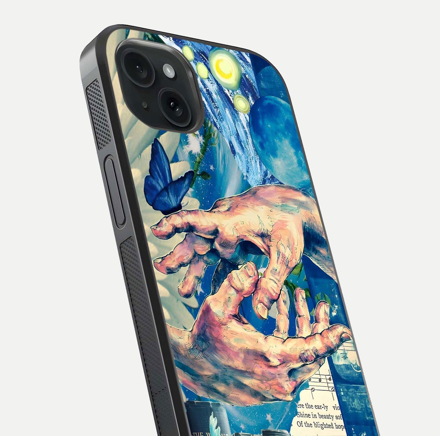 Aesthetic Divider Glass Case for iPhone 15 Plus close-up angled shot showing detailed divider artwork and gloss reflection