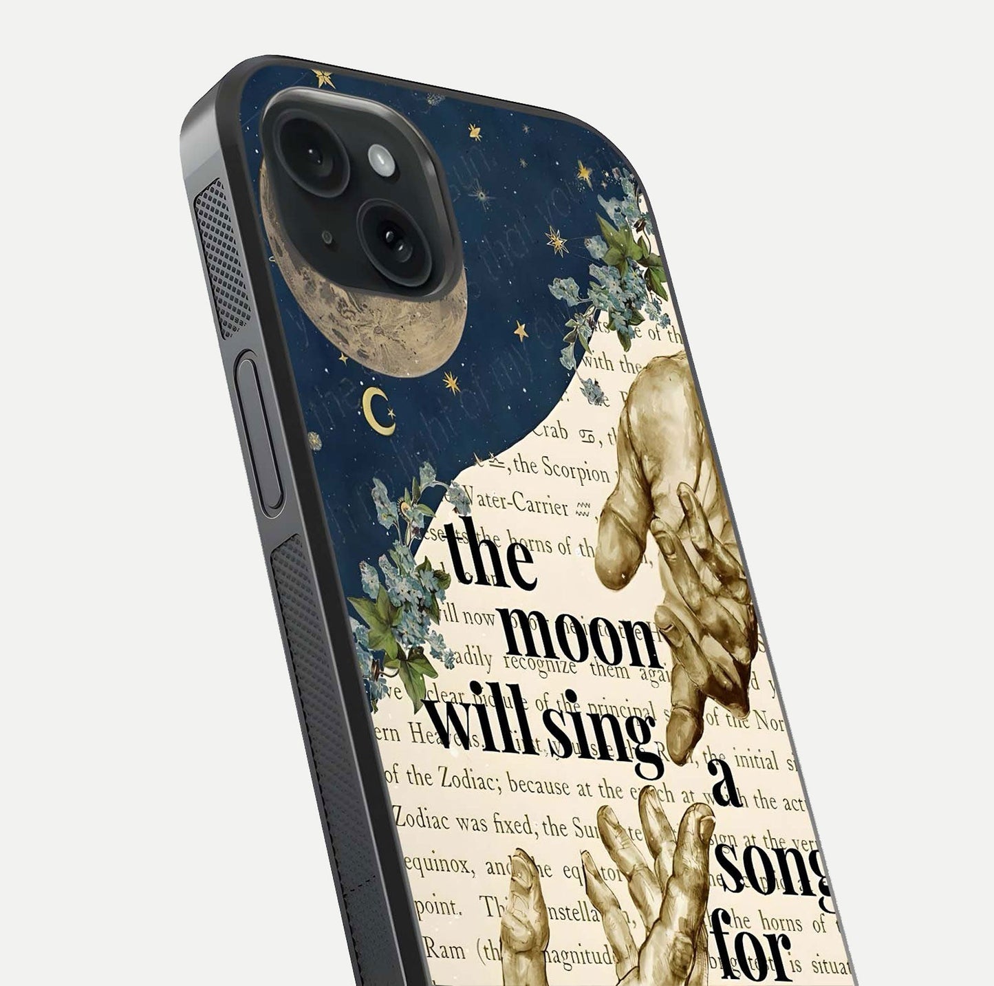 Aesthetic Divine Glass Case for iPhone 15 Plus close-up angled shot showing detailed divine artwork and gloss reflection