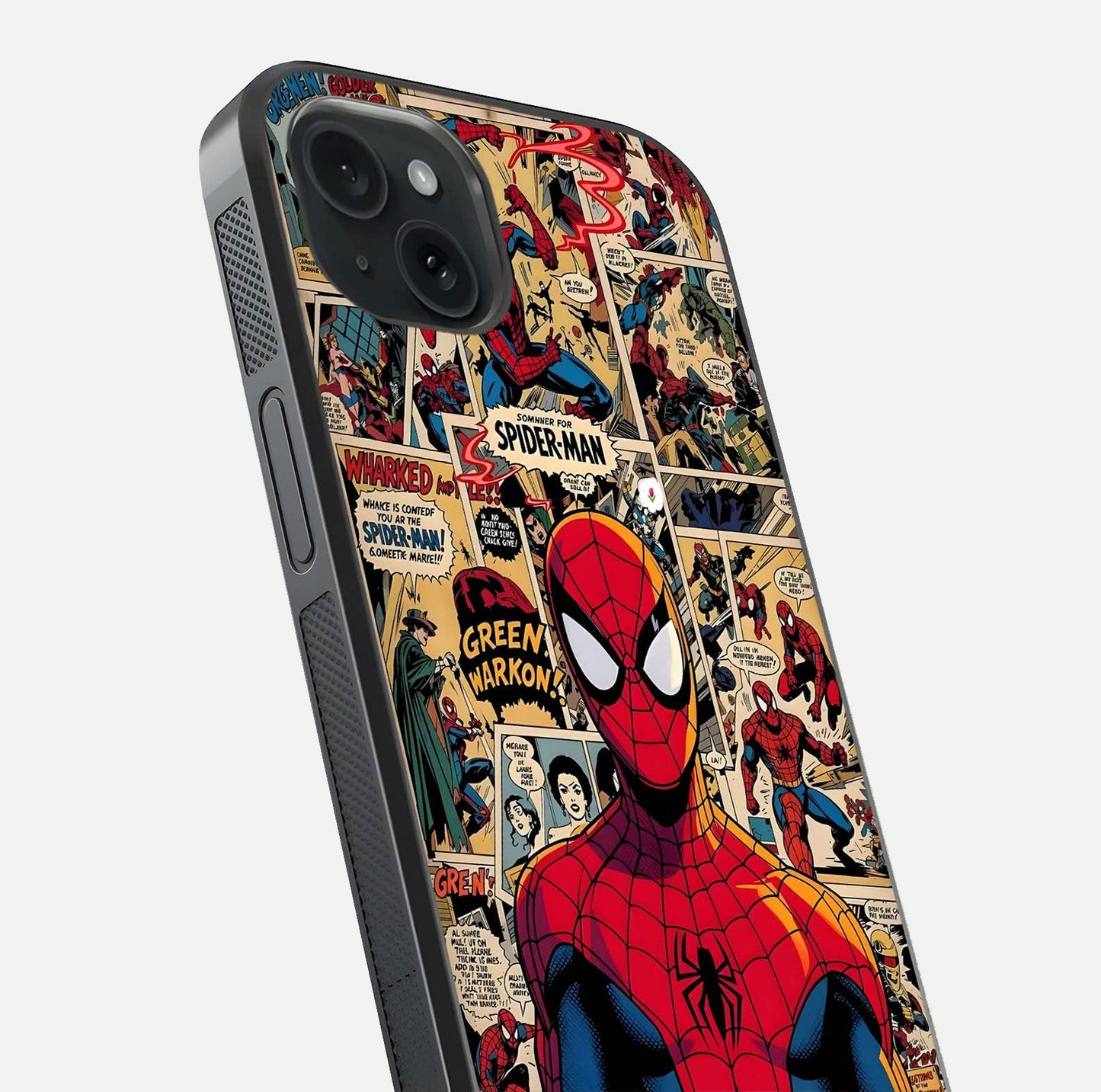 Aesthetic Spider Man Glass Case for iPhone 15 Plus close-up angled shot showing detailed Spider-Man artwork and gloss reflection