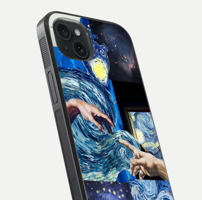 Aesthetic Vando Hands Glass Case for iPhone 15 Plus close-up angle showing fine detailing of hand artwork and glass reflection