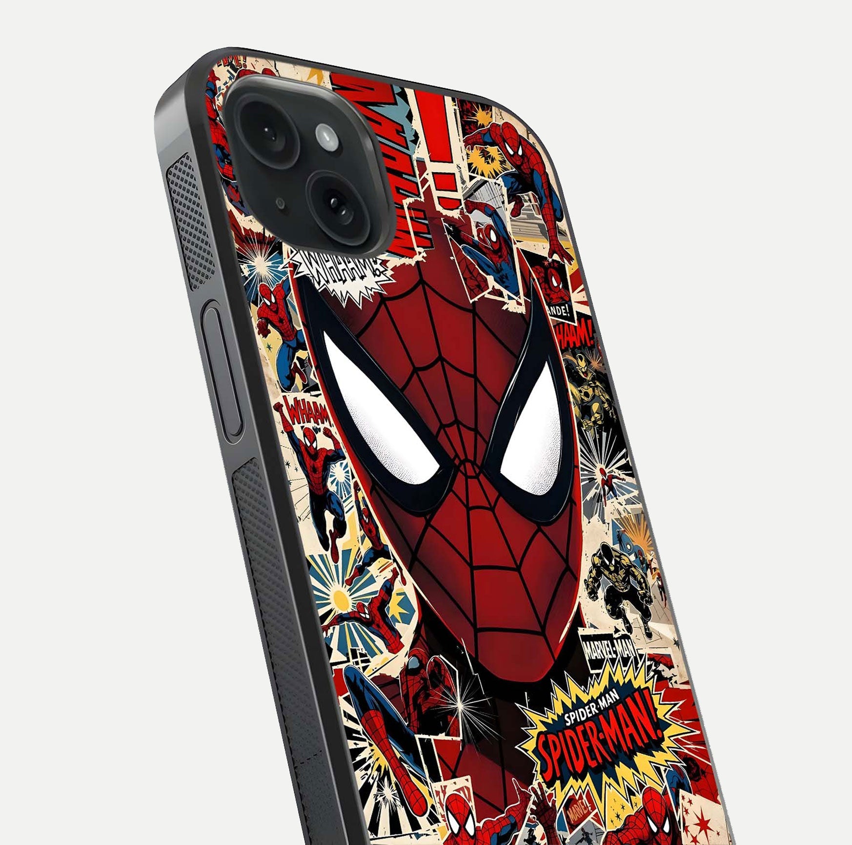 Aesthetic Wonder Spider Glass Case for iPhone 15 Plus angled close-up highlighting spider web detail and vibrant color gloss