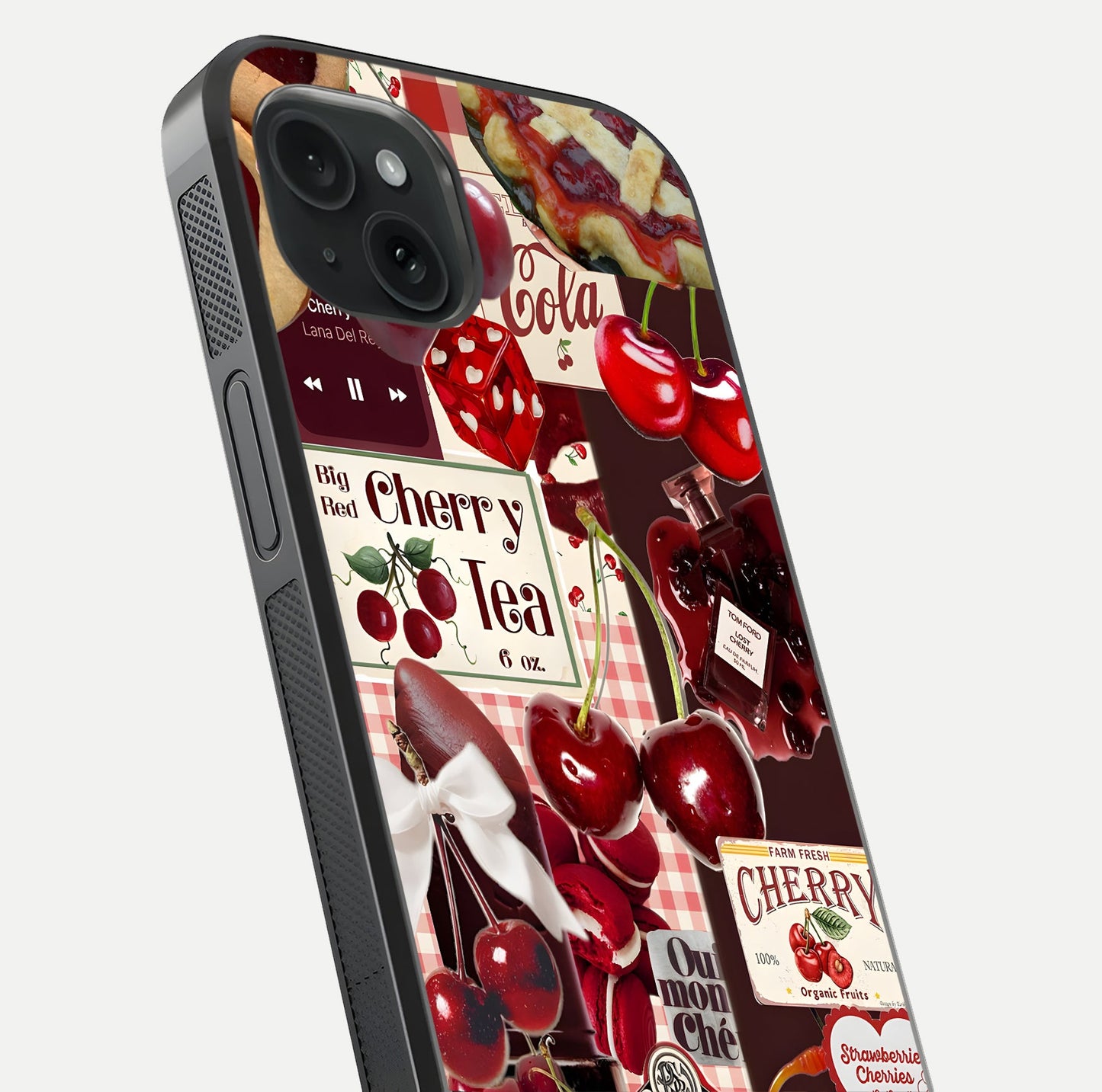 Aesthetic Cherry Tea Glass Case for iPhone 15 Plus close-up angled shot showing detailed cherry artwork, red tones, and gloss reflection