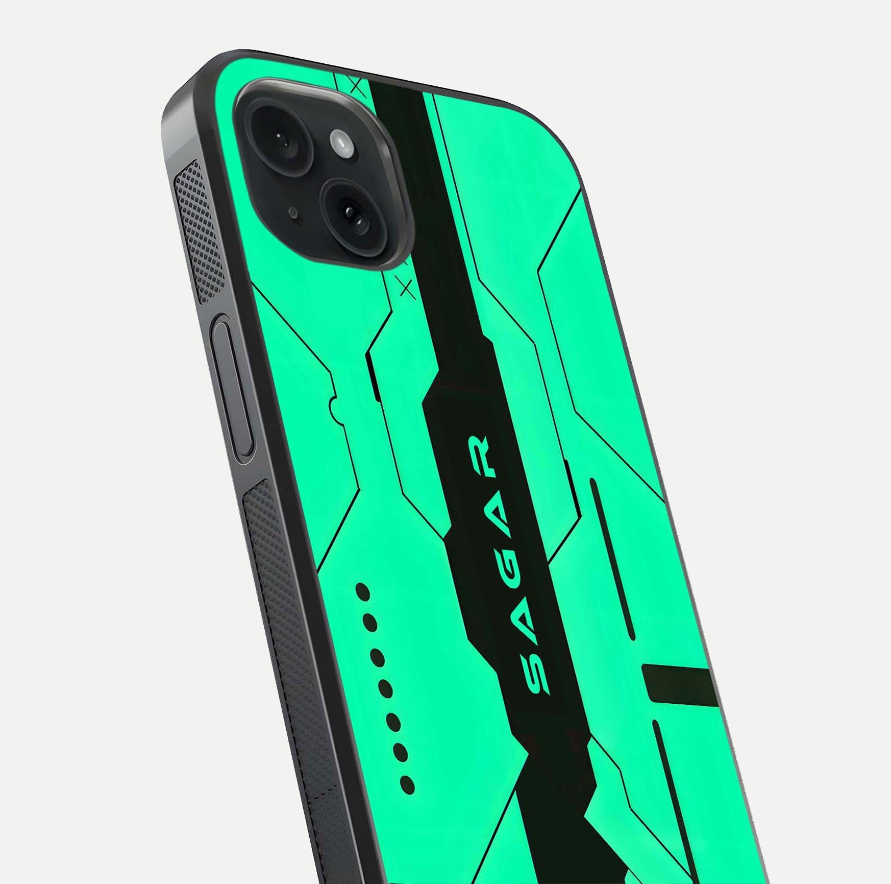 Aqua Tech CYBERPUNK Custom Name Glass Case for iPhone 15 Plus close-up angle showing futuristic blue lights and reflections