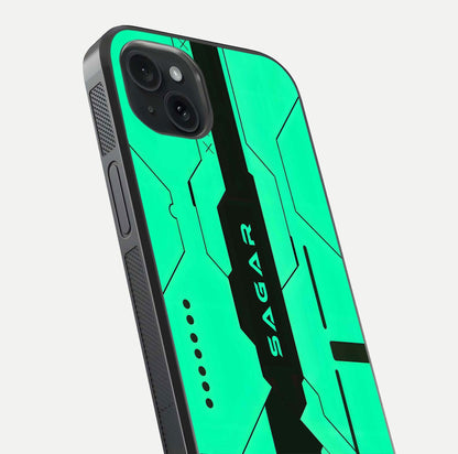 Aqua Tech CYBERPUNK Custom Name Glass Case for iPhone 15 Plus close-up angle showing futuristic blue lights and reflections