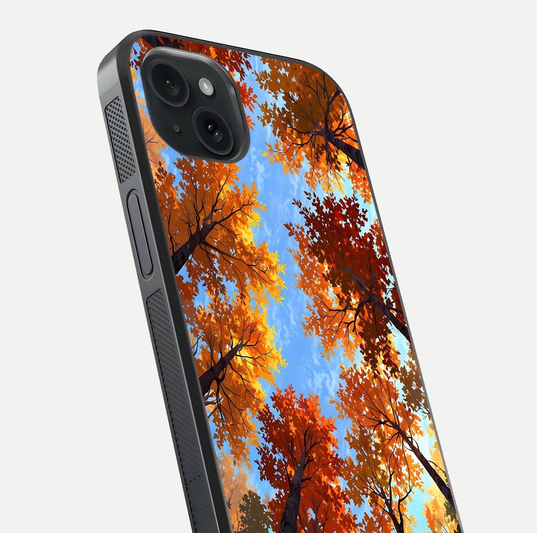 Autumn Sky Rise Glass Case for iPhone 15 Plus close-up shot of autumn tone details and HD shine reflection