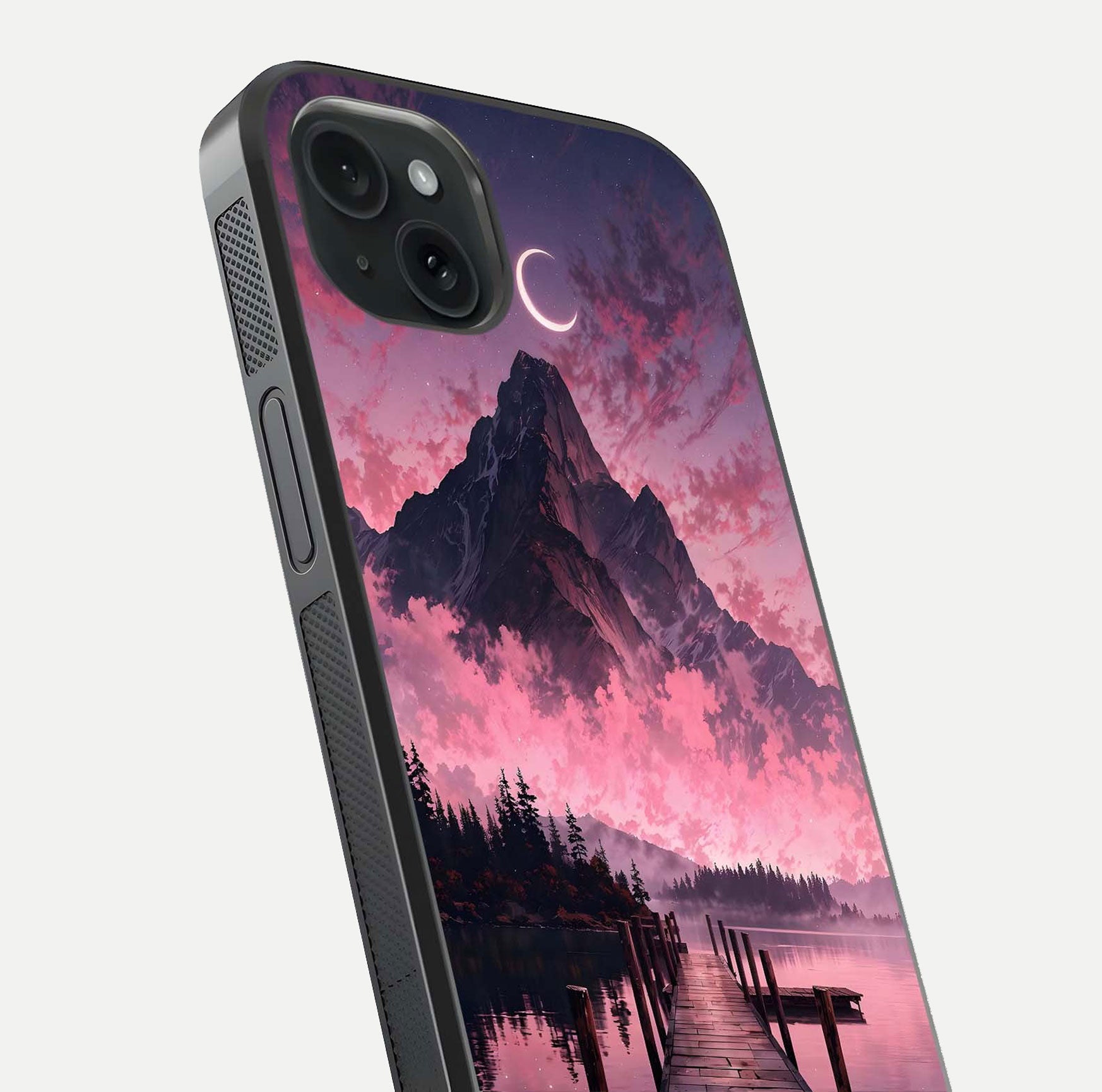 Beautyful Mountain View Glass Case for iPhone 15 Plus close-up angle highlighting landscape details and shine
