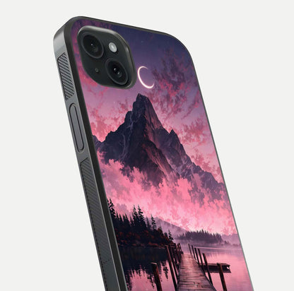 Beautyful Mountain View Glass Case for iPhone 15 Plus close-up angle highlighting landscape details and shine