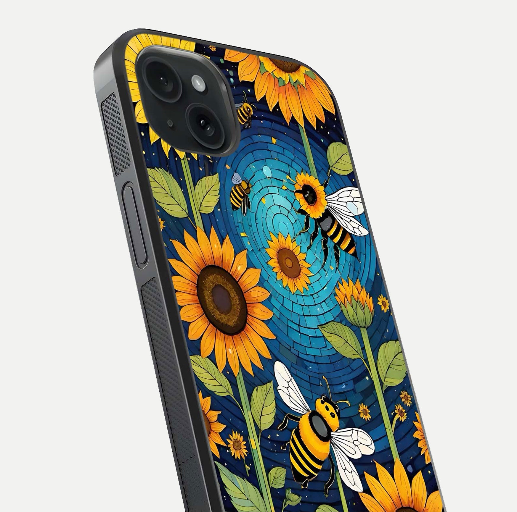 Bees & Sunflowers Glass Case for iPhone 15 Plus close-up angled shot showing detailed petals, bee prints, and glass reflection