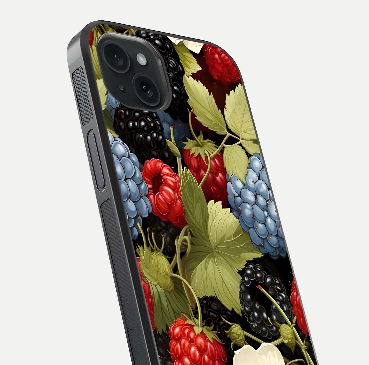 Berry Bloom Charm Glass Case for iPhone 15 Plus close-up view highlighting berry color tones and fine petal detailing