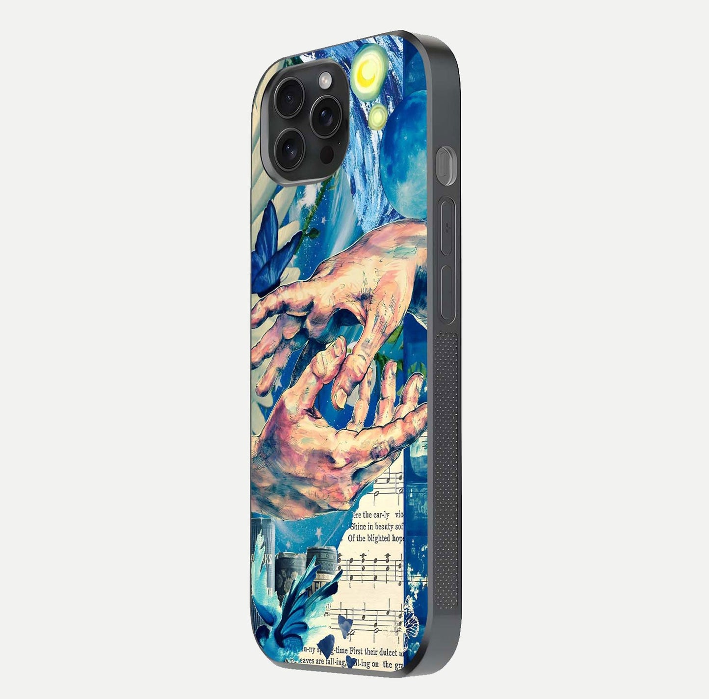 Aesthetic Divider Glass Case for iPhone 15 Pro side-angle image showing divider pattern print, camera module, and glossy finish reflection