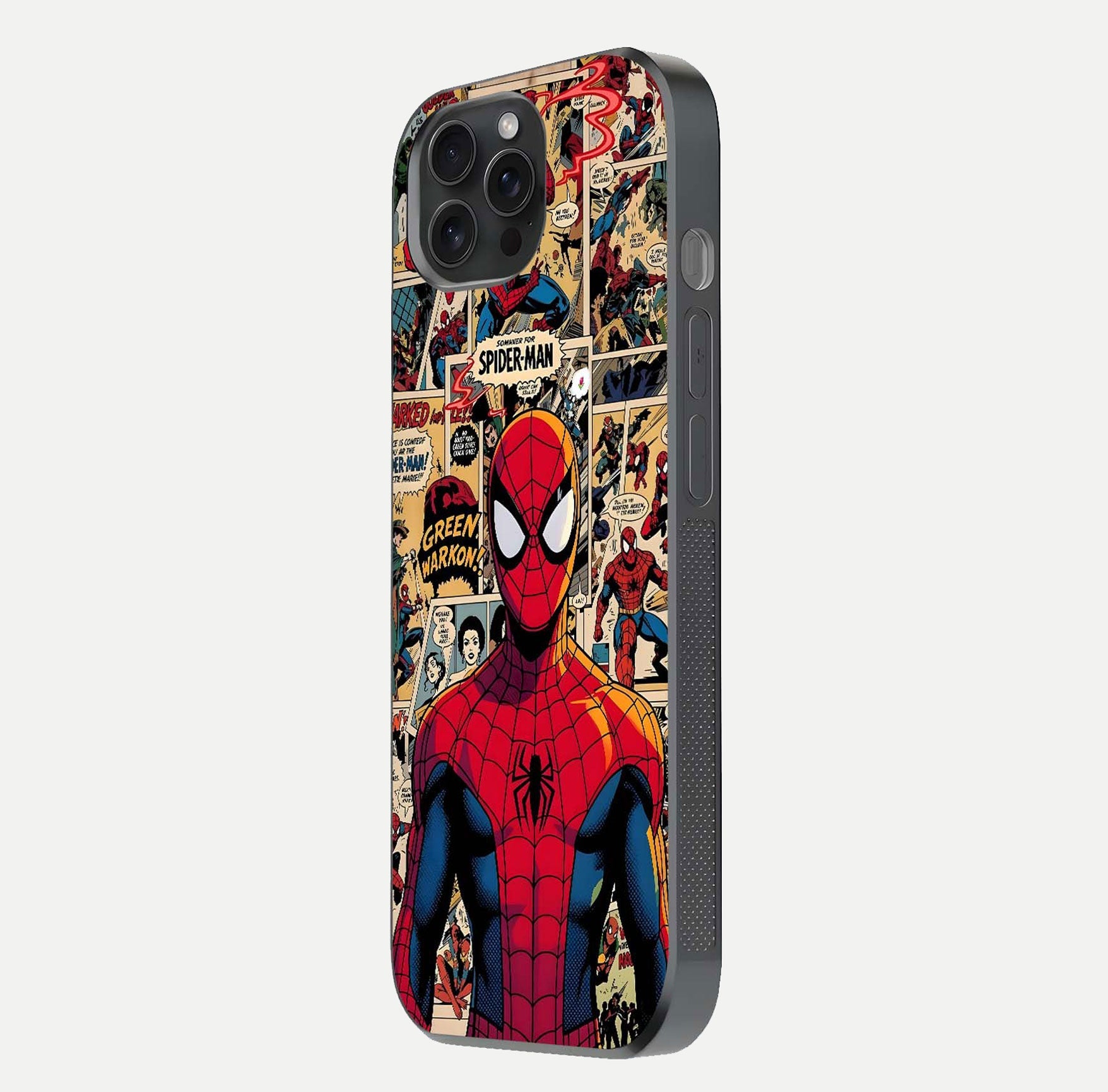 Aesthetic Spider Man Glass Case for iPhone 15 Pro side-angle image showing superhero comic print, camera module, and glossy finish reflection