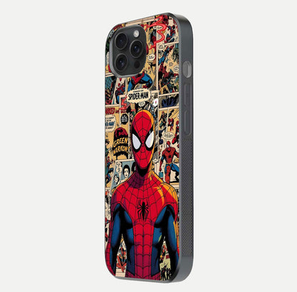 Aesthetic Spider Man Glass Case for iPhone 15 Pro side-angle image showing superhero comic print, camera module, and glossy finish reflection