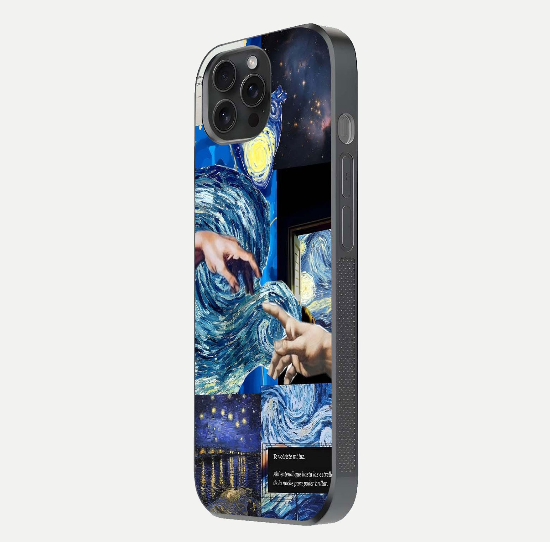 Aesthetic Vando Hands Glass Case for iPhone 15 Pro side-angle image showcasing hand design, protective edges, and gloss texture