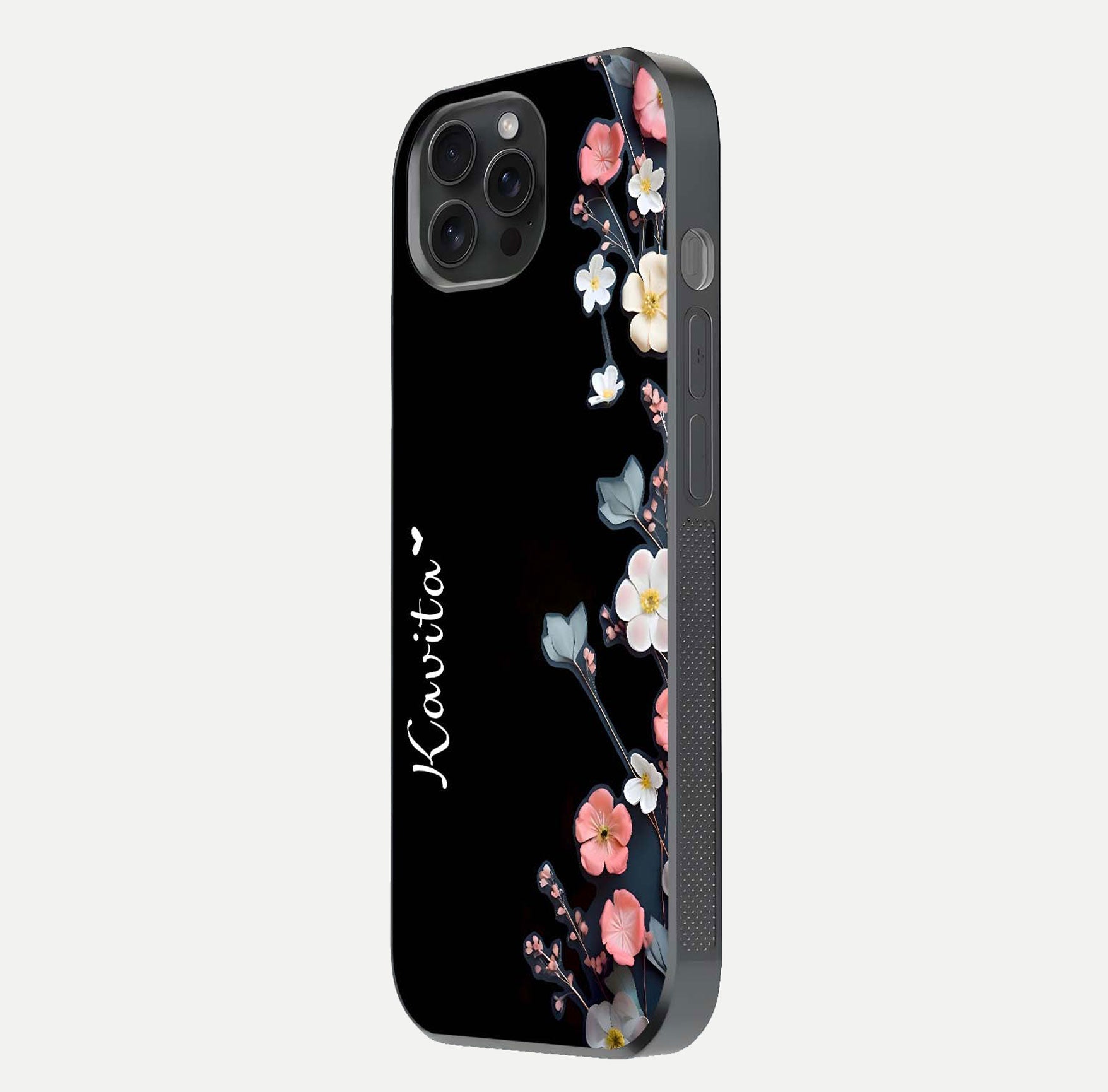 Black Elegance Floral Custom Name Glass Case for iPhone 15 Pro side-angle showing black gloss depth and delicate print texture