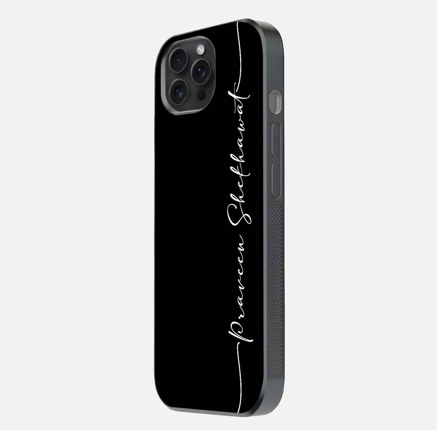 Black Tune Custom Name Glass Case for iPhone 15 Pro side-angle photo showing mirror-like surface and slim profile