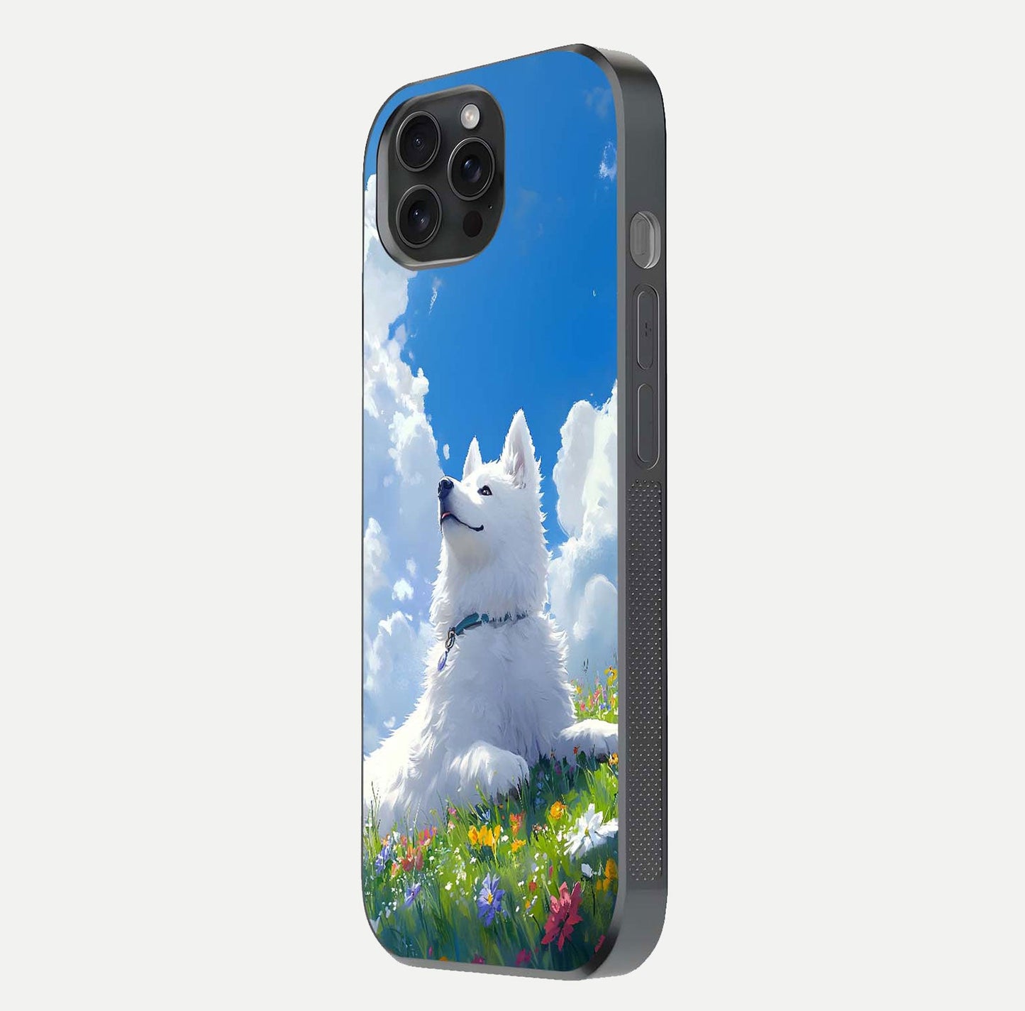 Blissful Cloud Pup Glass Case for iPhone 15 Pro side-angle shot displaying puppy print and glossy texture