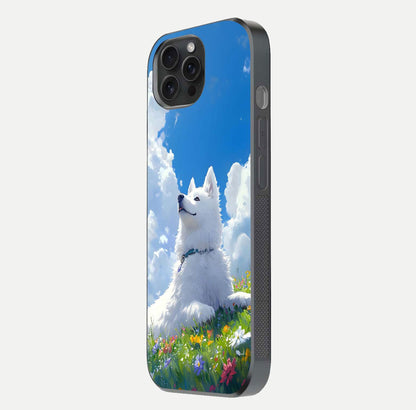 Blissful Cloud Pup Glass Case for iPhone 15 Pro side-angle shot displaying puppy print and glossy texture