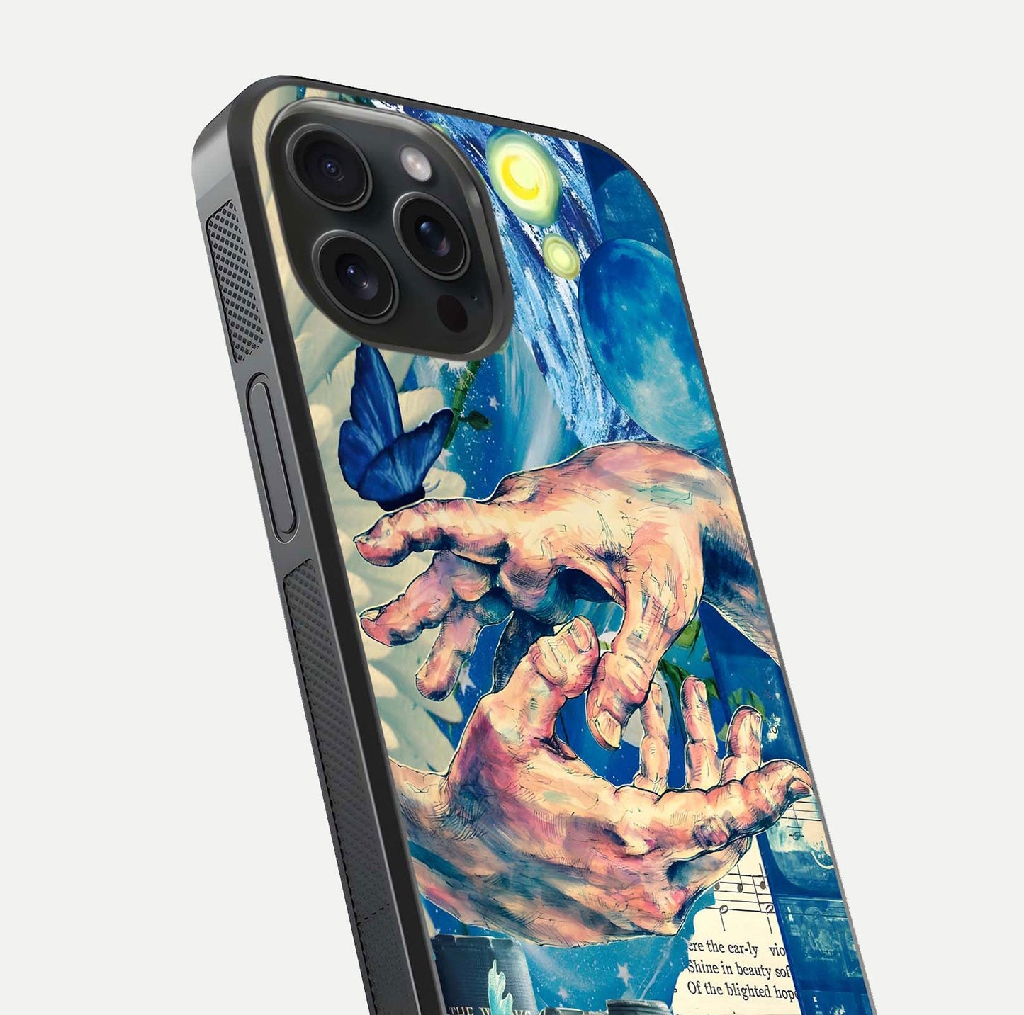 Aesthetic Divider Glass Case for iPhone 15 Pro close-up angled shot showing detailed divider artwork and gloss reflection