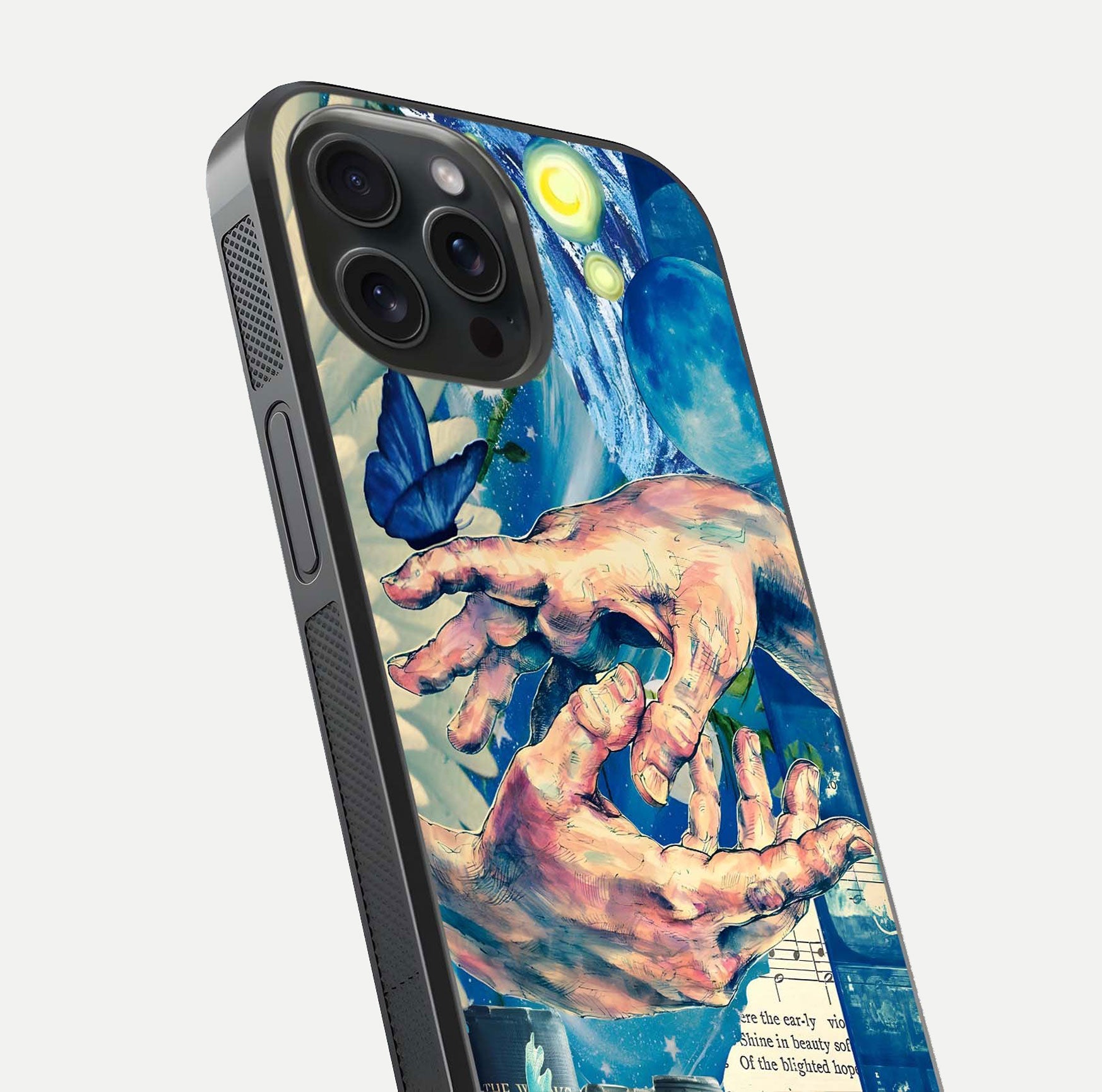 Aesthetic Divider Glass Case for iPhone 15 Pro close-up angled shot showing detailed divider artwork and gloss reflection