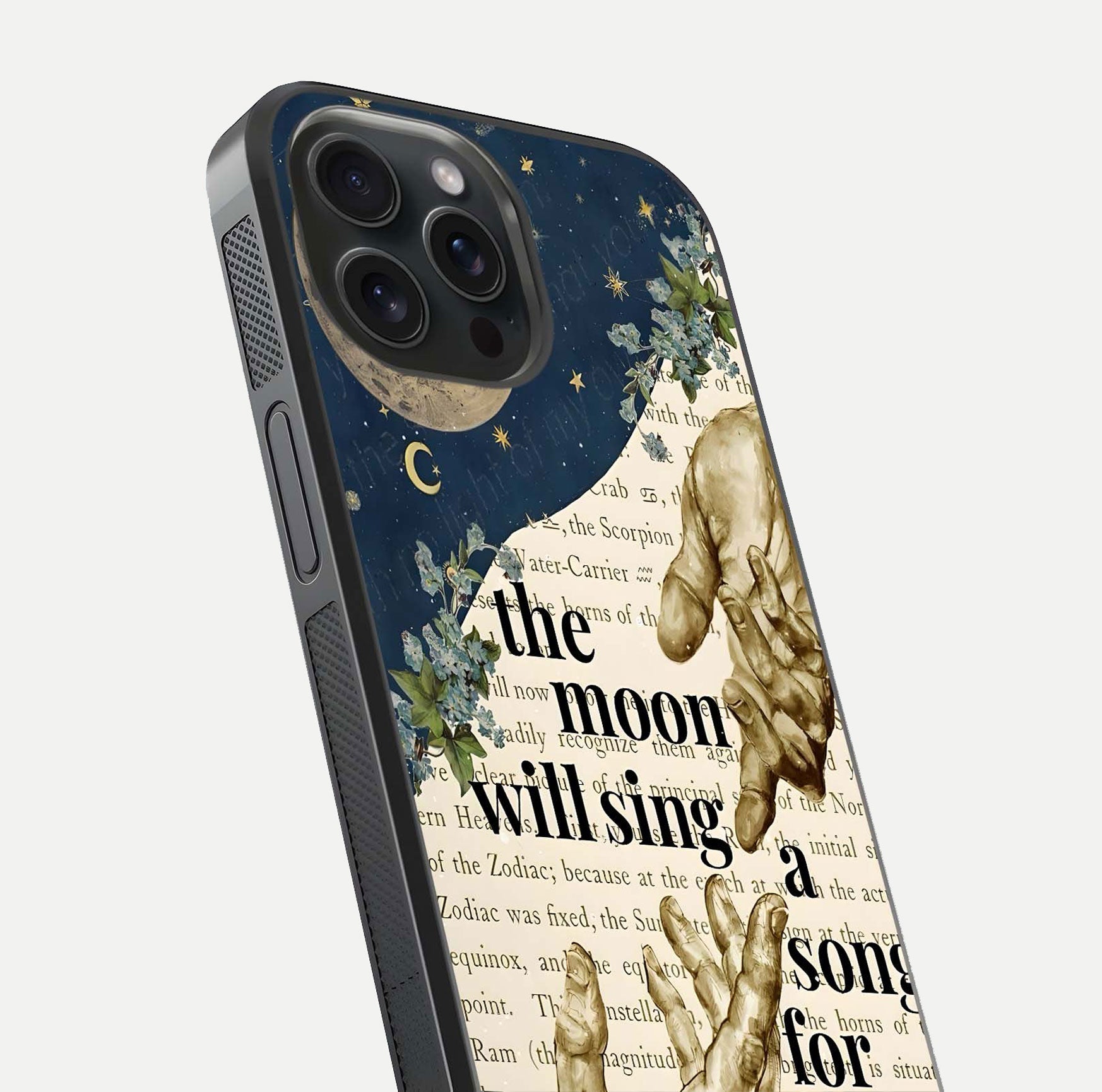 Aesthetic Divine Glass Case for iPhone 15 Pro close-up angled shot showing detailed divine artwork and gloss reflection