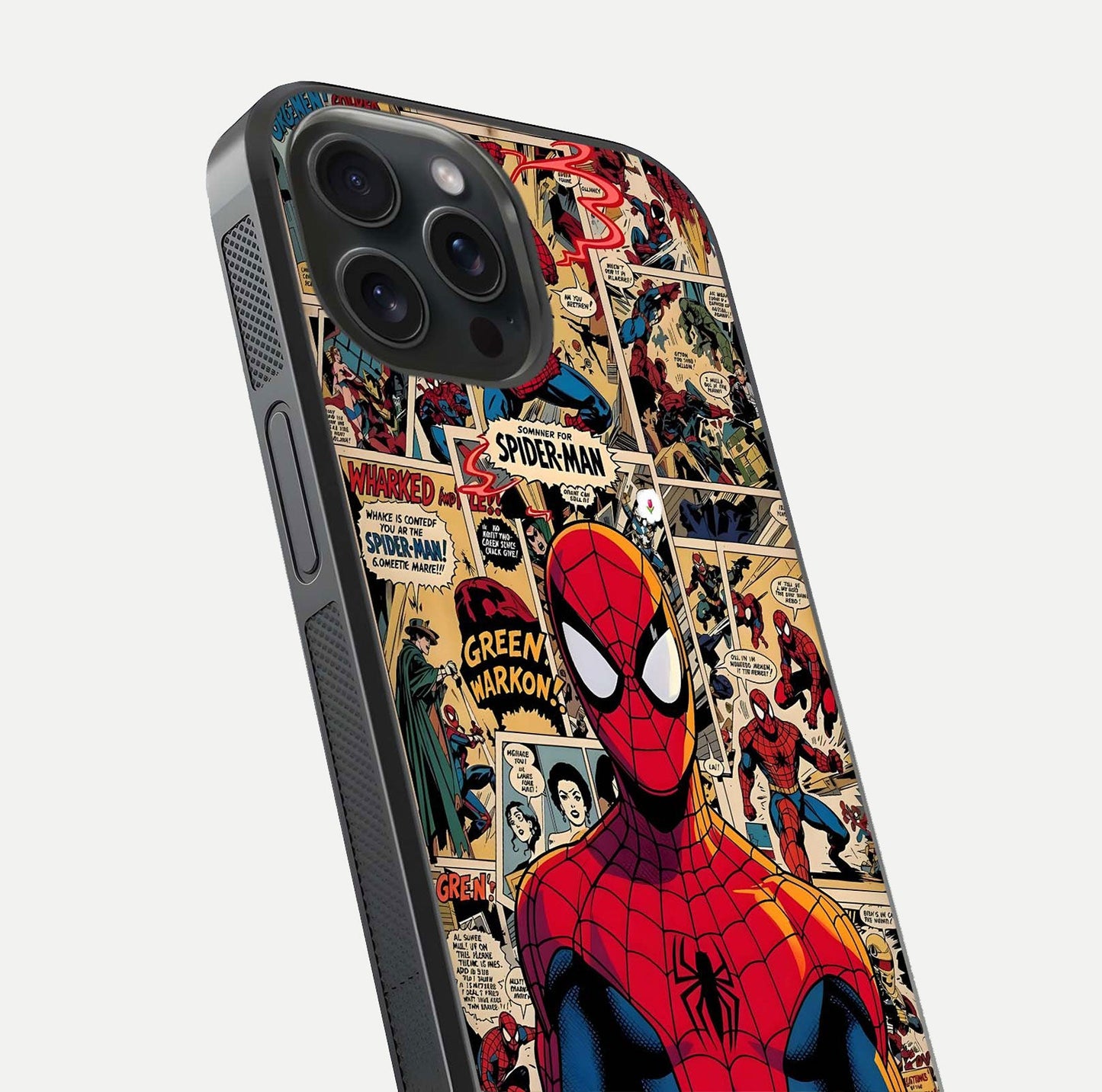 Aesthetic Spider Man Glass Case for iPhone 15 Pro close-up angled shot showing detailed Spider-Man artwork and gloss reflection