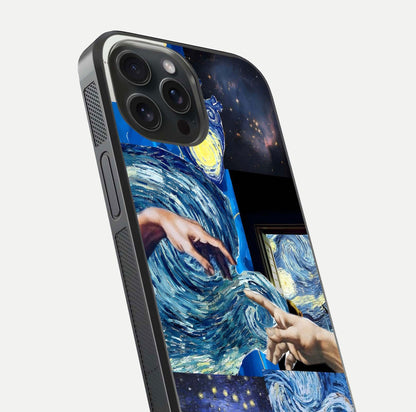 Aesthetic Vando Hands Glass Case for iPhone 15 Pro close-up angle showing fine detailing of hand artwork and glass reflection