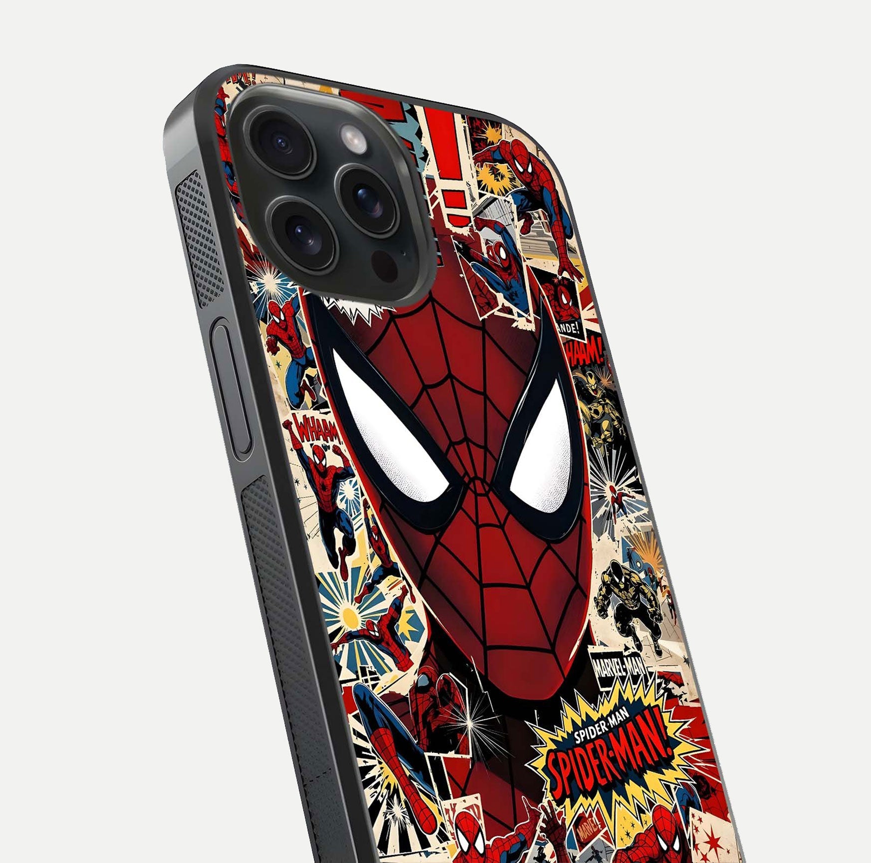 Aesthetic Wonder Spider Glass Case for iPhone 15 Pro angled close-up highlighting spider web detail and vibrant color gloss