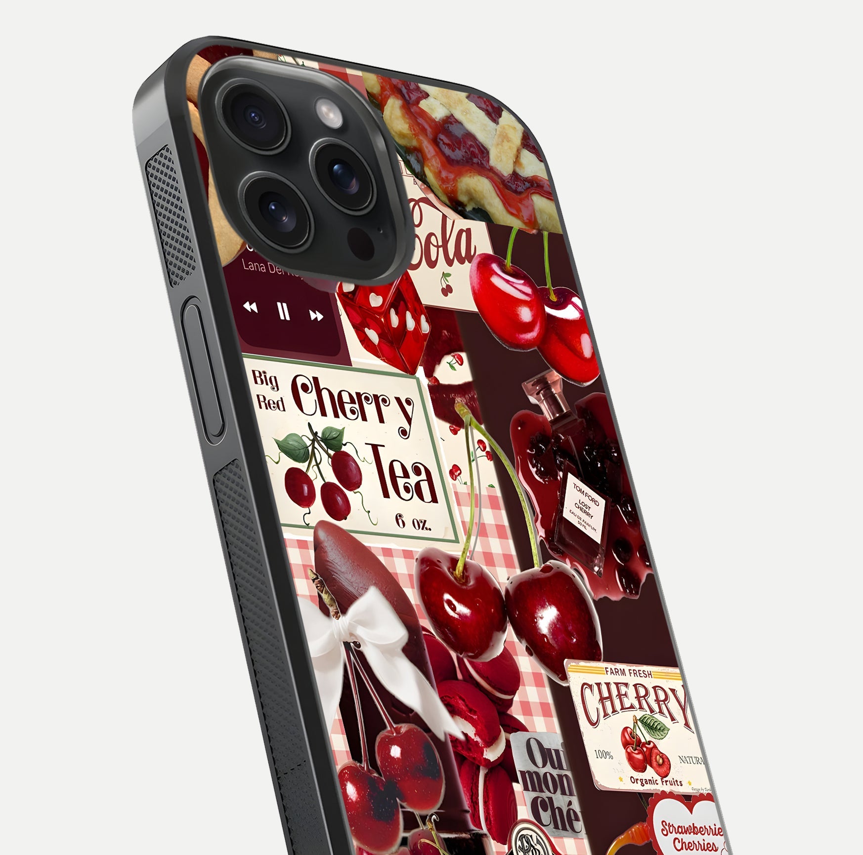 Aesthetic Cherry Tea Glass Case for iPhone 15 Pro close-up angled shot showing detailed cherry artwork, red tones, and gloss reflection