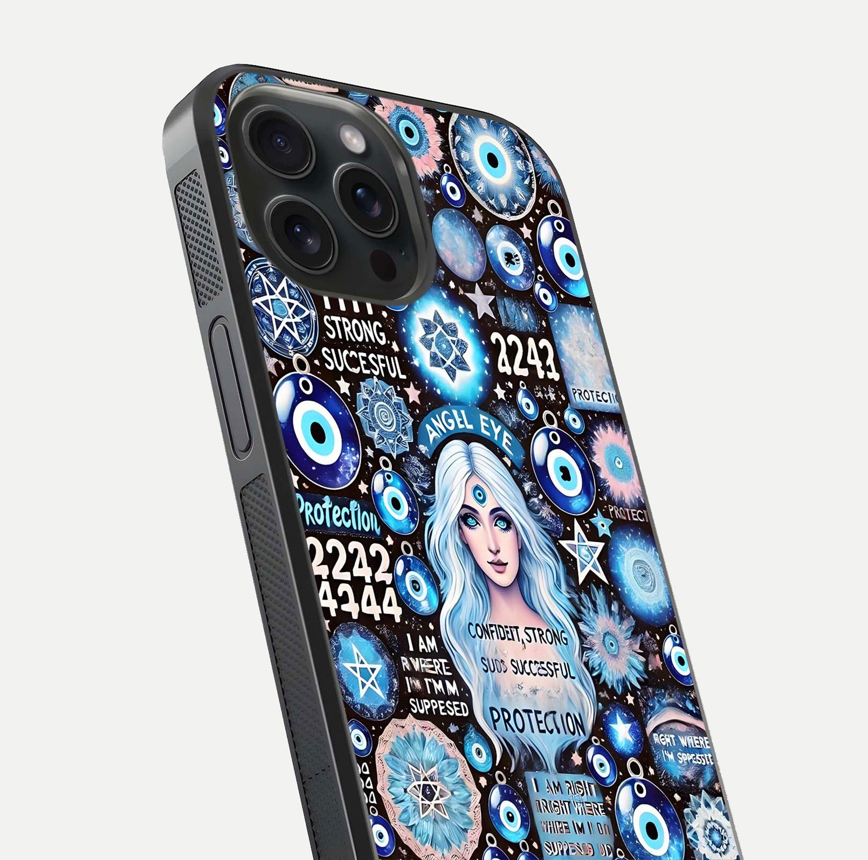 Angel Aura Shield Glass Case for iPhone 15 Pro close-up view capturing aura glow, metallic tones, and shine texture