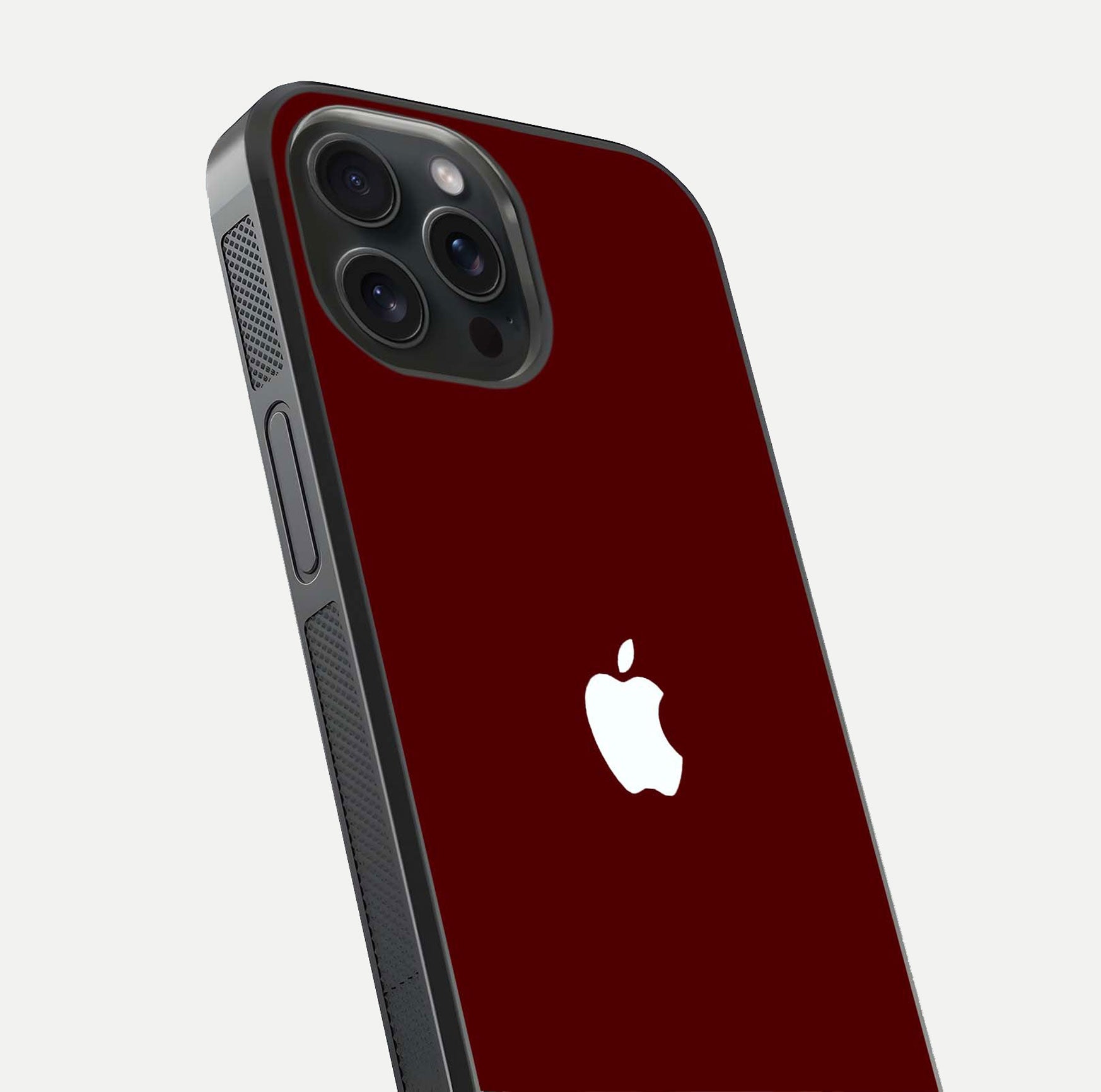 Apple Crimson Core Glass Case for iPhone 15 Pro close-up angle showing deep crimson tone and HD glass reflection