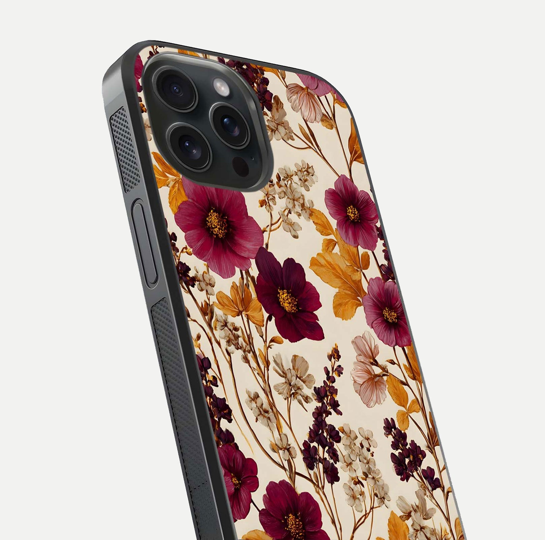 Autumn Wine Bloom Glass Case for iPhone 15 Pro close-up highlighting petal detail and gloss reflection