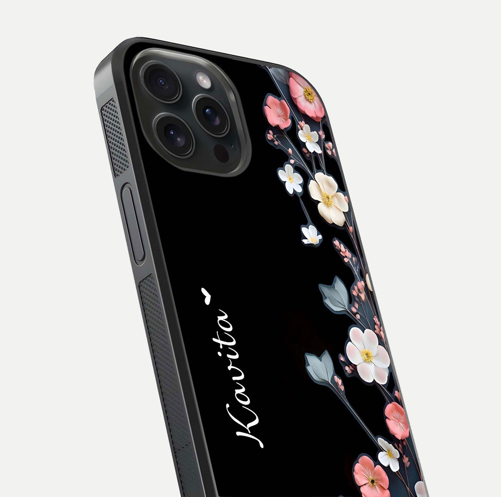 Black Elegance Floral Custom Name Glass Case for iPhone 15 Pro close-up shot showing rose detailing and elegant reflection