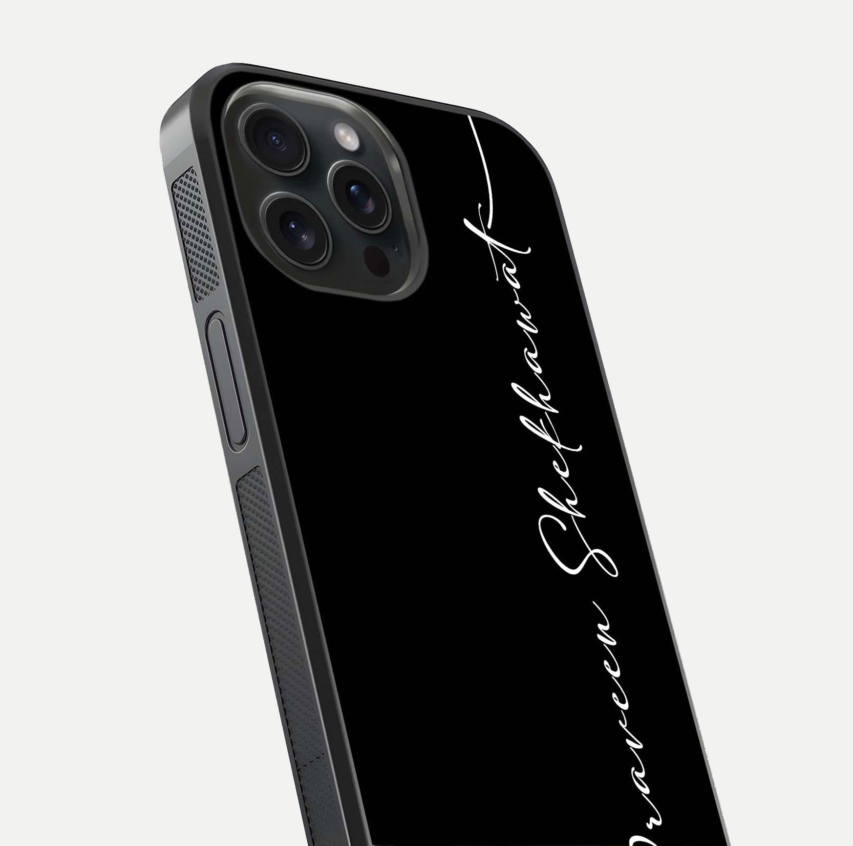 Black Tune Custom Name Glass Case for iPhone 15 Pro close-up shot highlighting sleek monochrome design and reflection