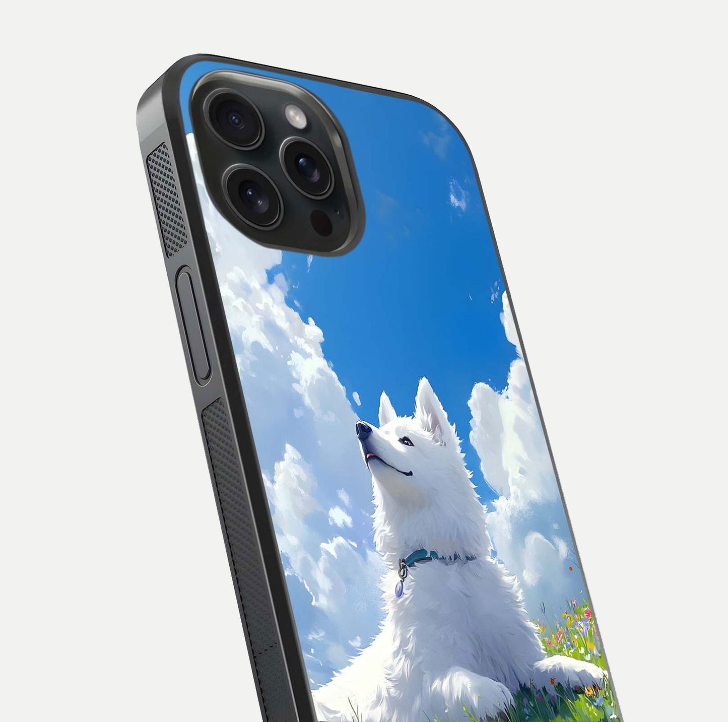 Blissful Cloud Pup Glass Case for iPhone 15 Pro close-up image highlighting puppy details and glossy reflection