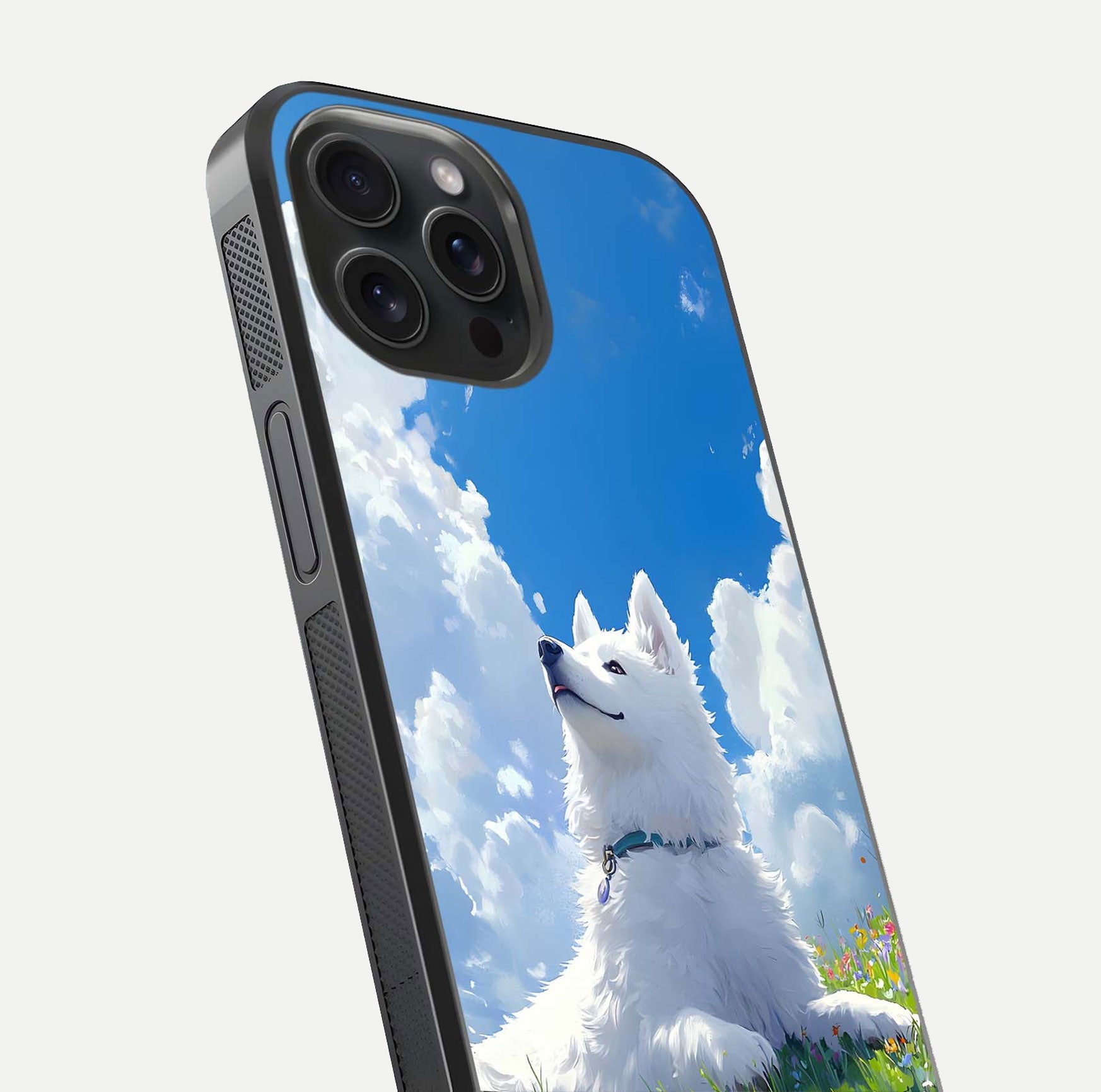 Blissful Cloud Pup Glass Case for iPhone 15 Pro close-up image highlighting puppy details and glossy reflection