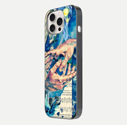 Aesthetic Divider Glass Case for iPhone 15 Pro Max side-angle image showing divider pattern print, camera module, and glossy finish reflection