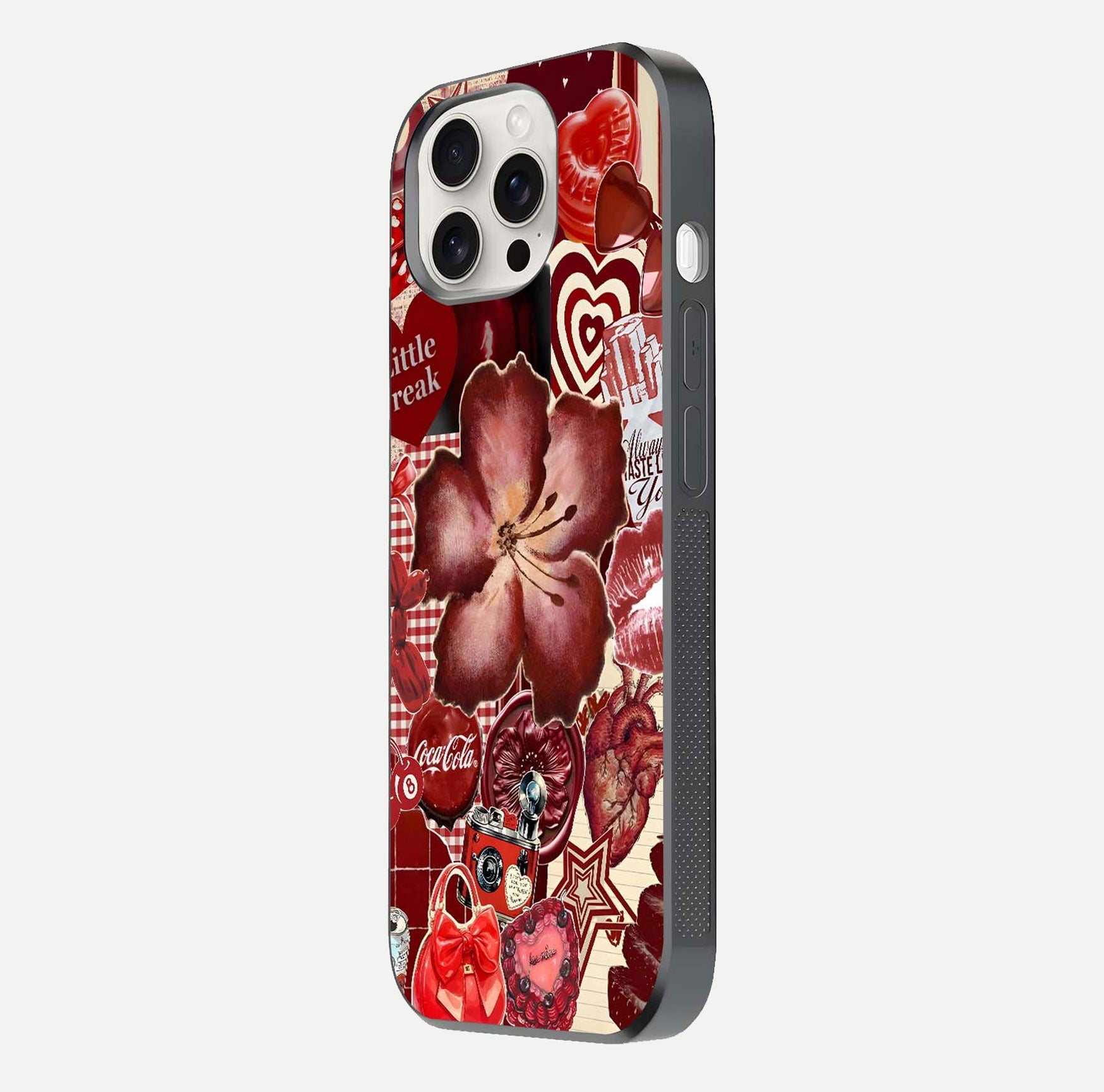 Aesthetic Little Freak Glass Case for iPhone 15 Pro Max side-angle image showing colorful design, camera module, and glossy finish reflection