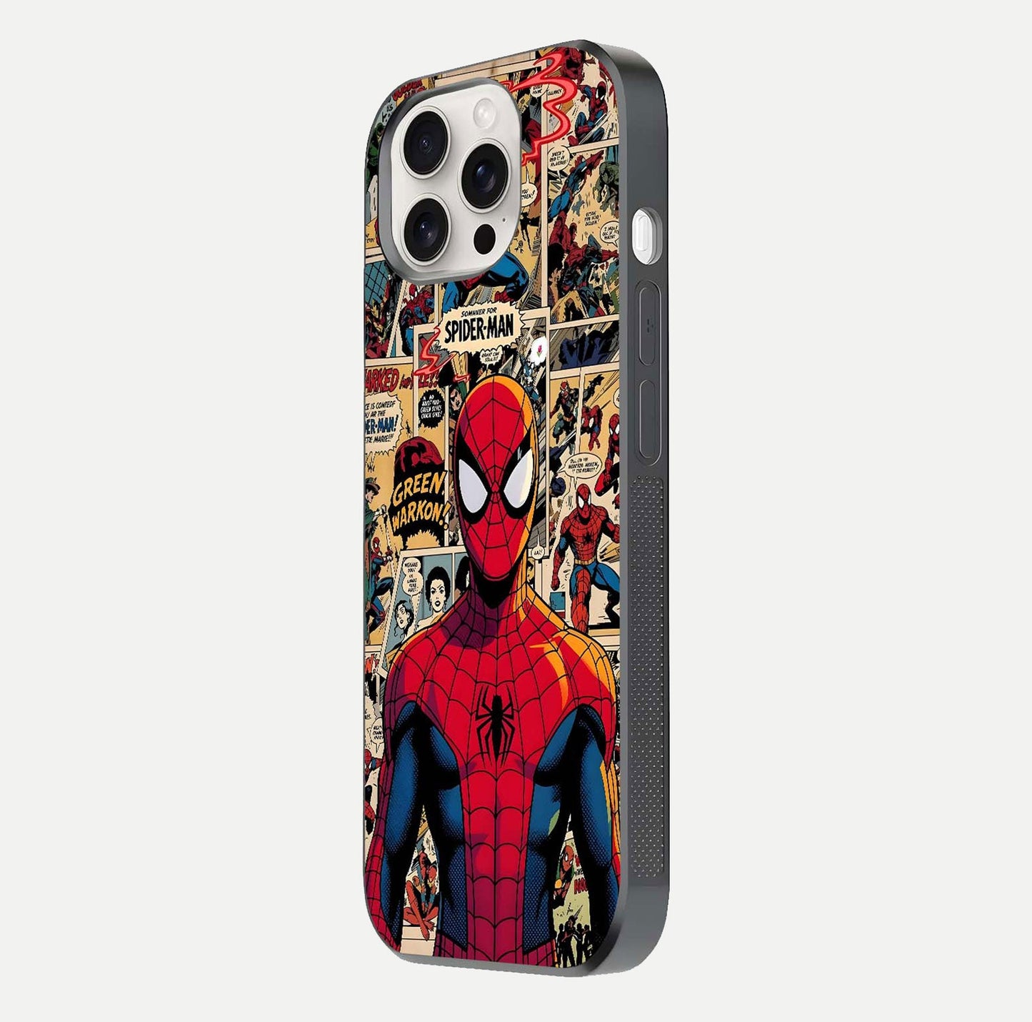Aesthetic Spider Man Glass Case for iPhone 15 Pro Max side-angle image showing superhero comic print, camera module, and glossy finish reflection