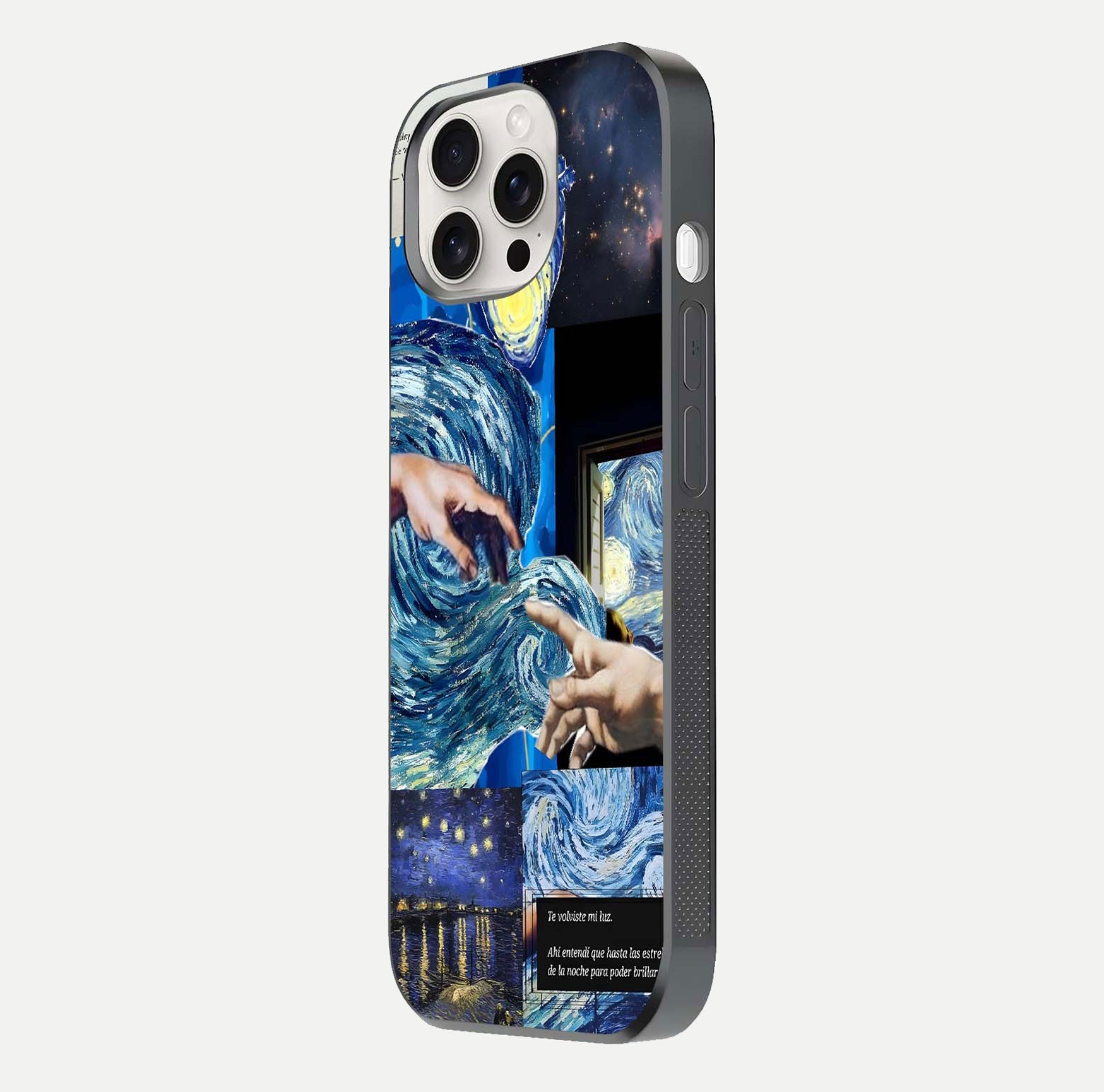 Aesthetic Vando Hands Glass Case for iPhone 15 Pro Max side-angle image showcasing hand design, protective edges, and gloss texture