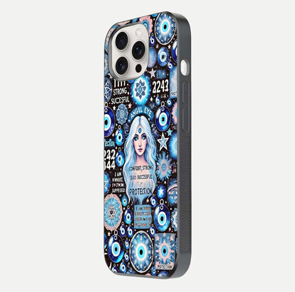 Angel Aura Shield Glass Case for iPhone 15 Pro Max side-angle photo showcasing aura details and glossy surface reflection