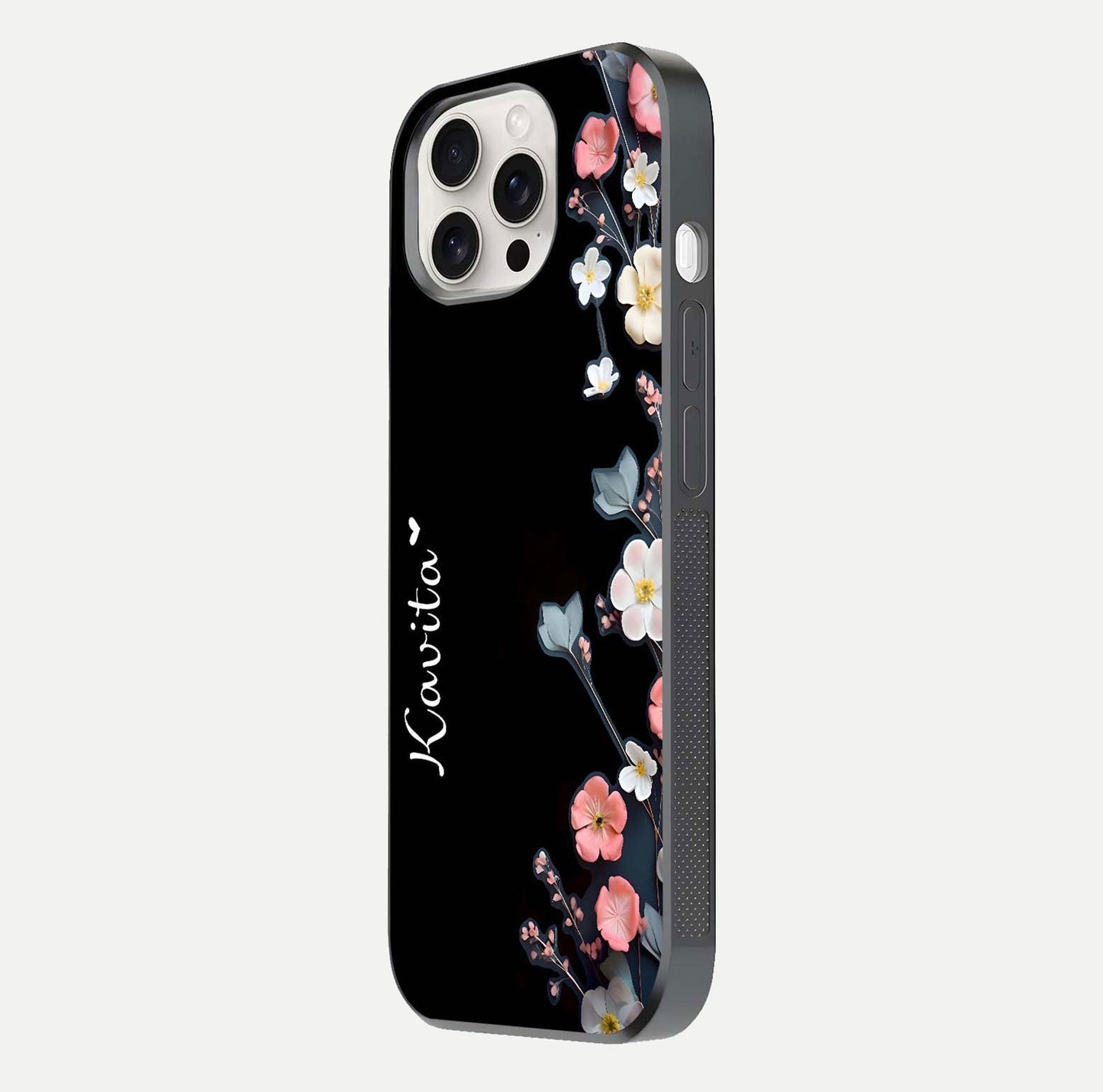 Black Elegance Floral Custom Name Glass Case for iPhone 15 Pro Max side-angle showing black gloss depth and delicate print texture