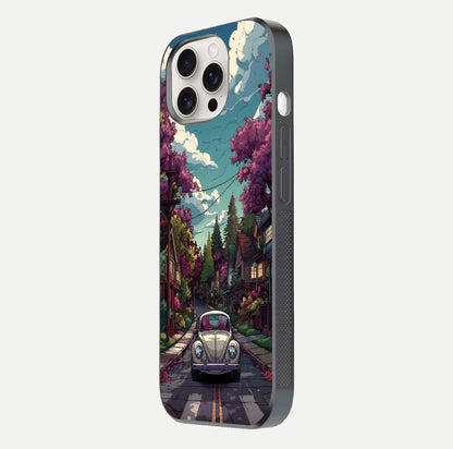 Vintage Street Drive Glass Case for iPhone 15 Pro Max side-angle image showing gloss reflection and design detail