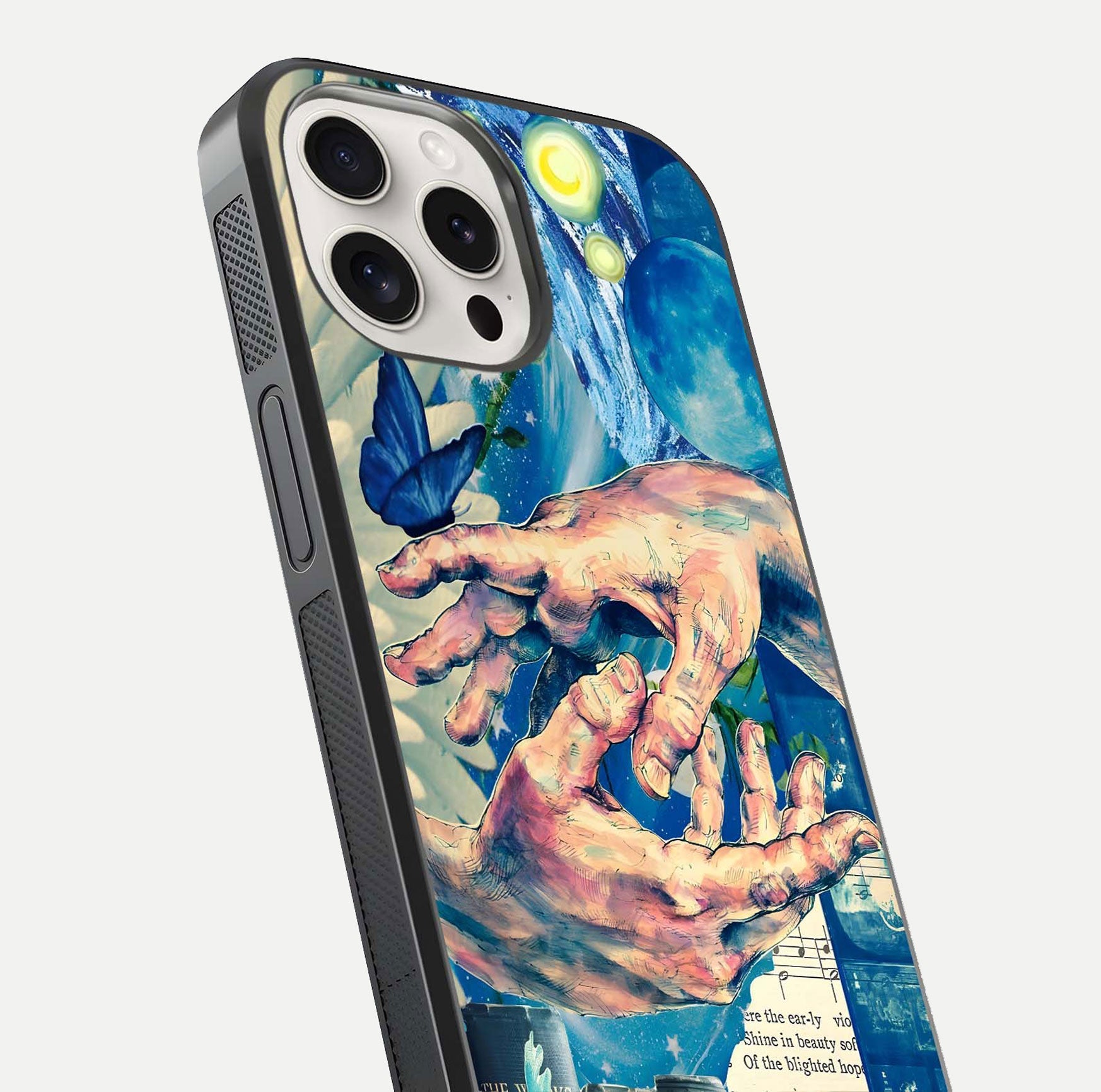 Aesthetic Divider Glass Case for iPhone 15 Pro Max close-up angled shot showing detailed divider artwork and gloss reflection