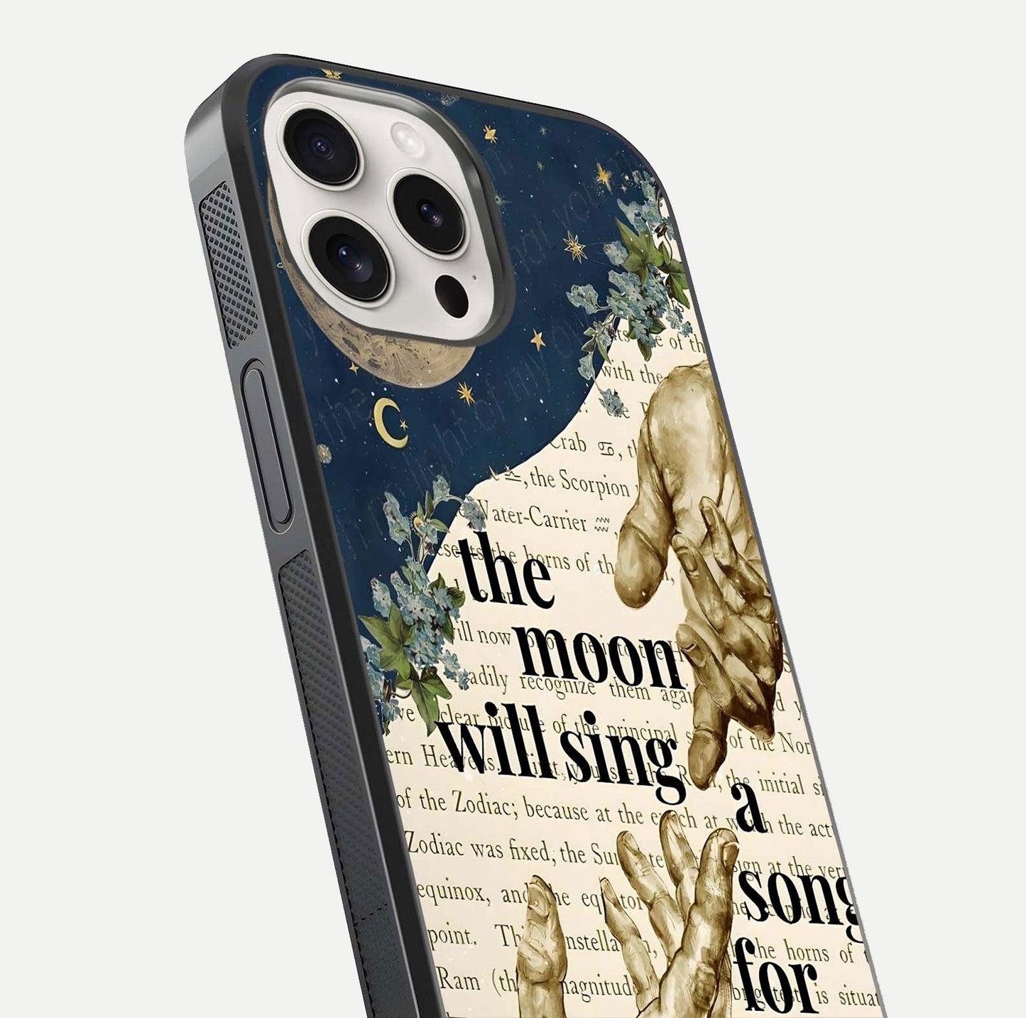 Aesthetic Divine Glass Case for iPhone 15 Pro Max close-up angled shot showing detailed divine artwork and gloss reflection