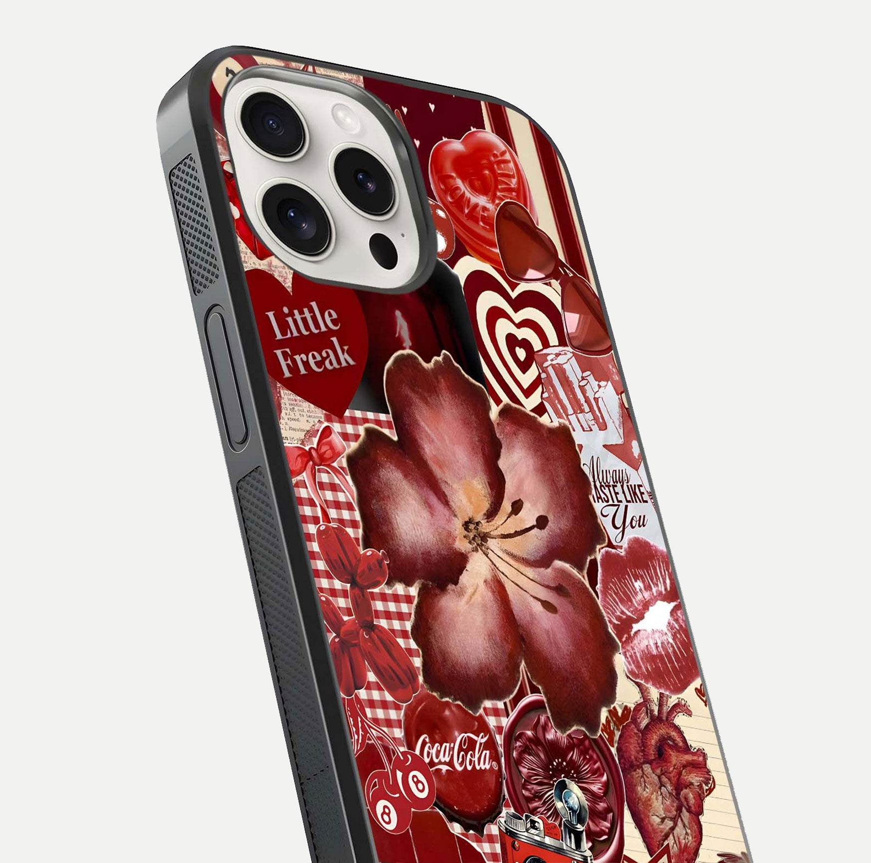Aesthetic Little Freak Glass Case for iPhone 15 Pro Max close-up angled shot showing detailed artwork, bold design, and gloss reflection