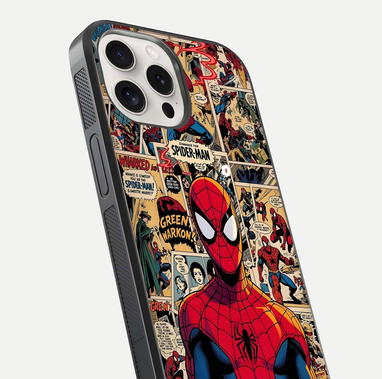 Aesthetic Spider Man Glass Case for iPhone 15 Pro Max close-up angled shot showing detailed Spider-Man artwork and gloss reflection