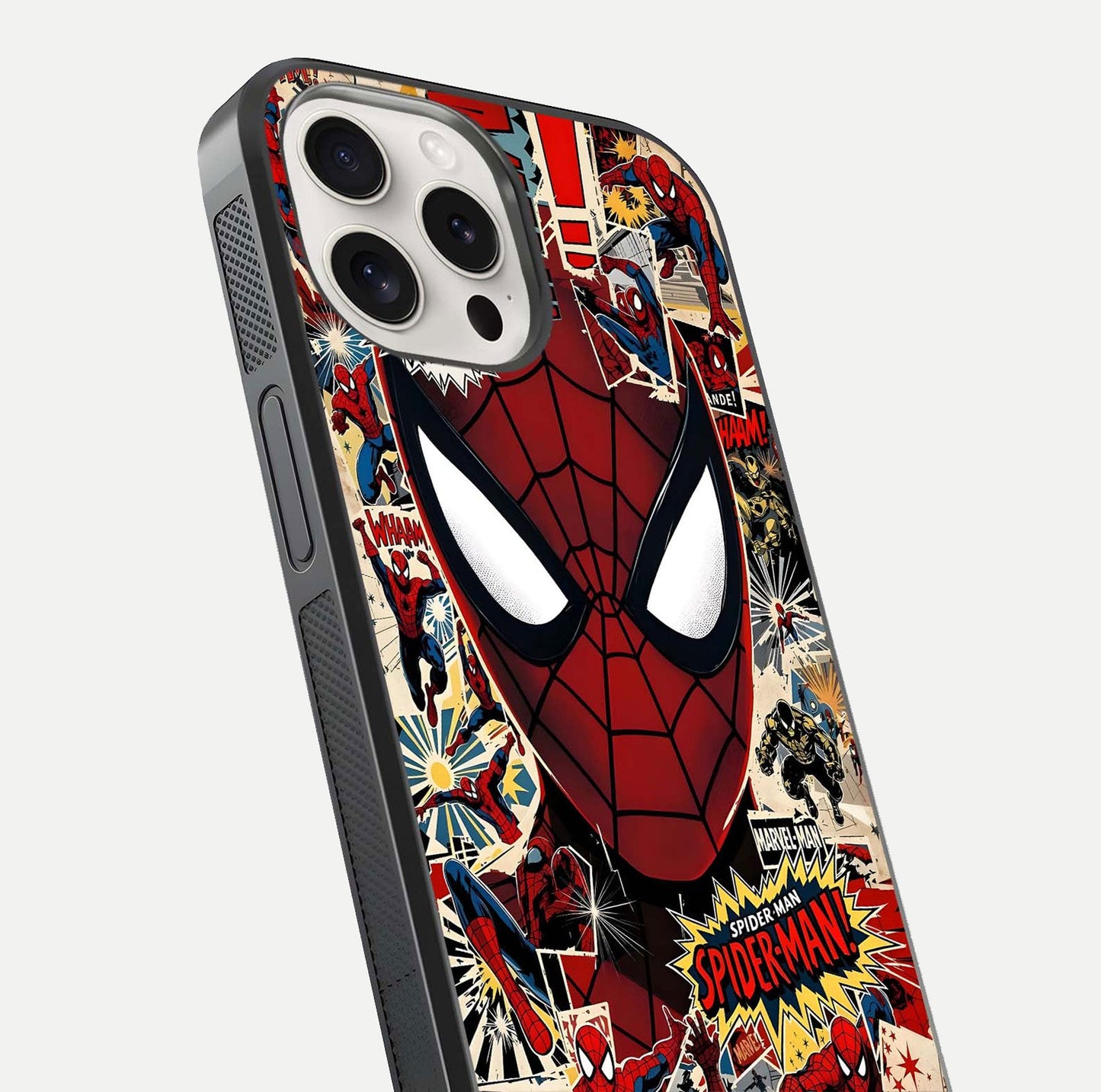 Aesthetic Wonder Spider Glass Case for iPhone 15 Pro Max angled close-up highlighting spider web detail and vibrant color gloss