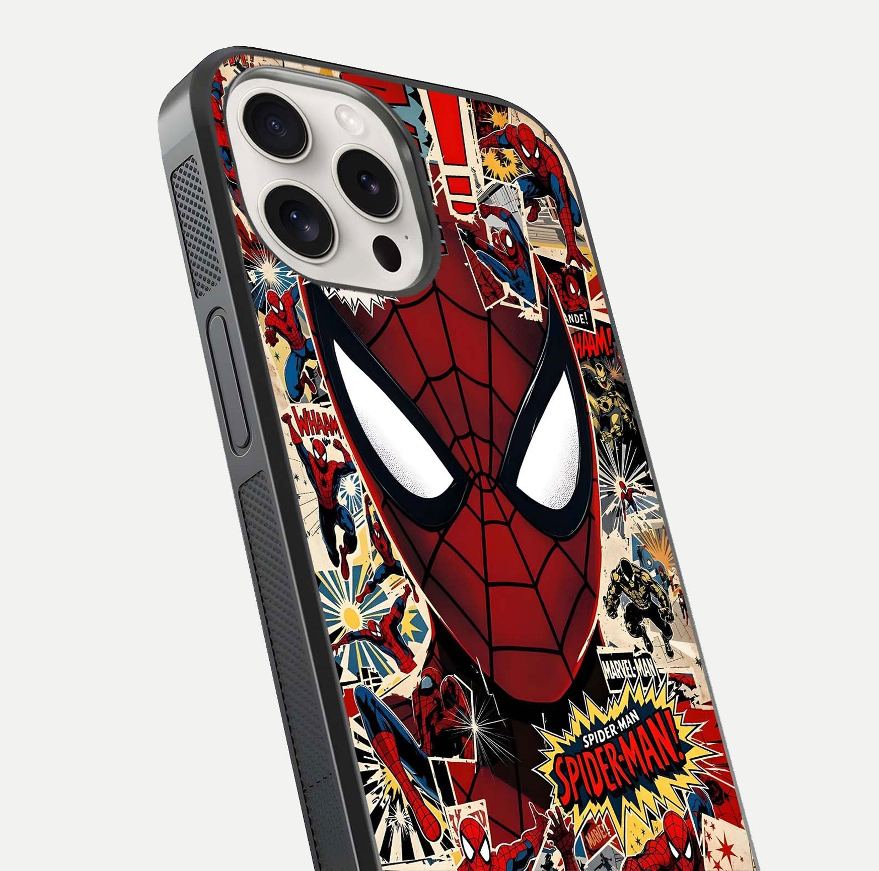 Aesthetic Wonder Spider Glass Case for iPhone 15 Pro Max angled close-up highlighting spider web detail and vibrant color gloss