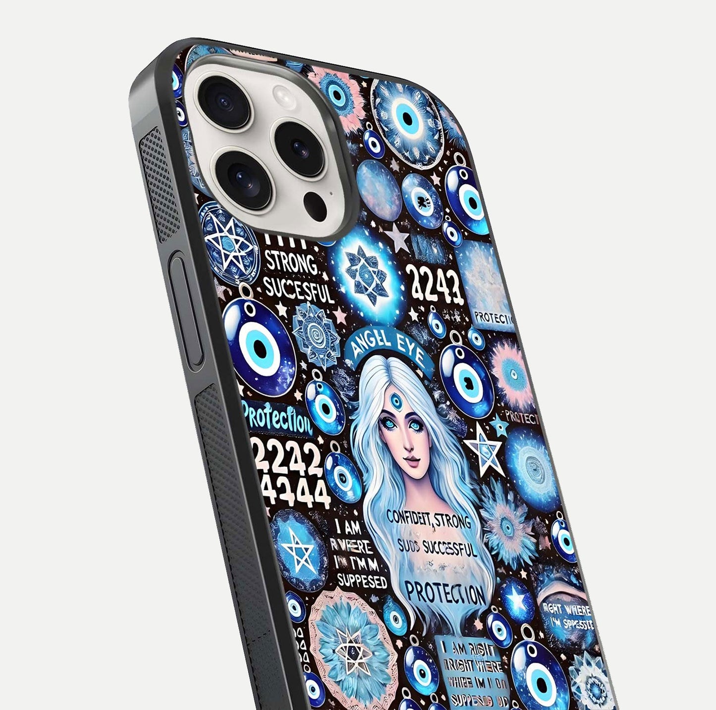 Angel Aura Shield Glass Case for iPhone 15 Pro Max close-up view capturing aura glow, metallic tones, and shine texture