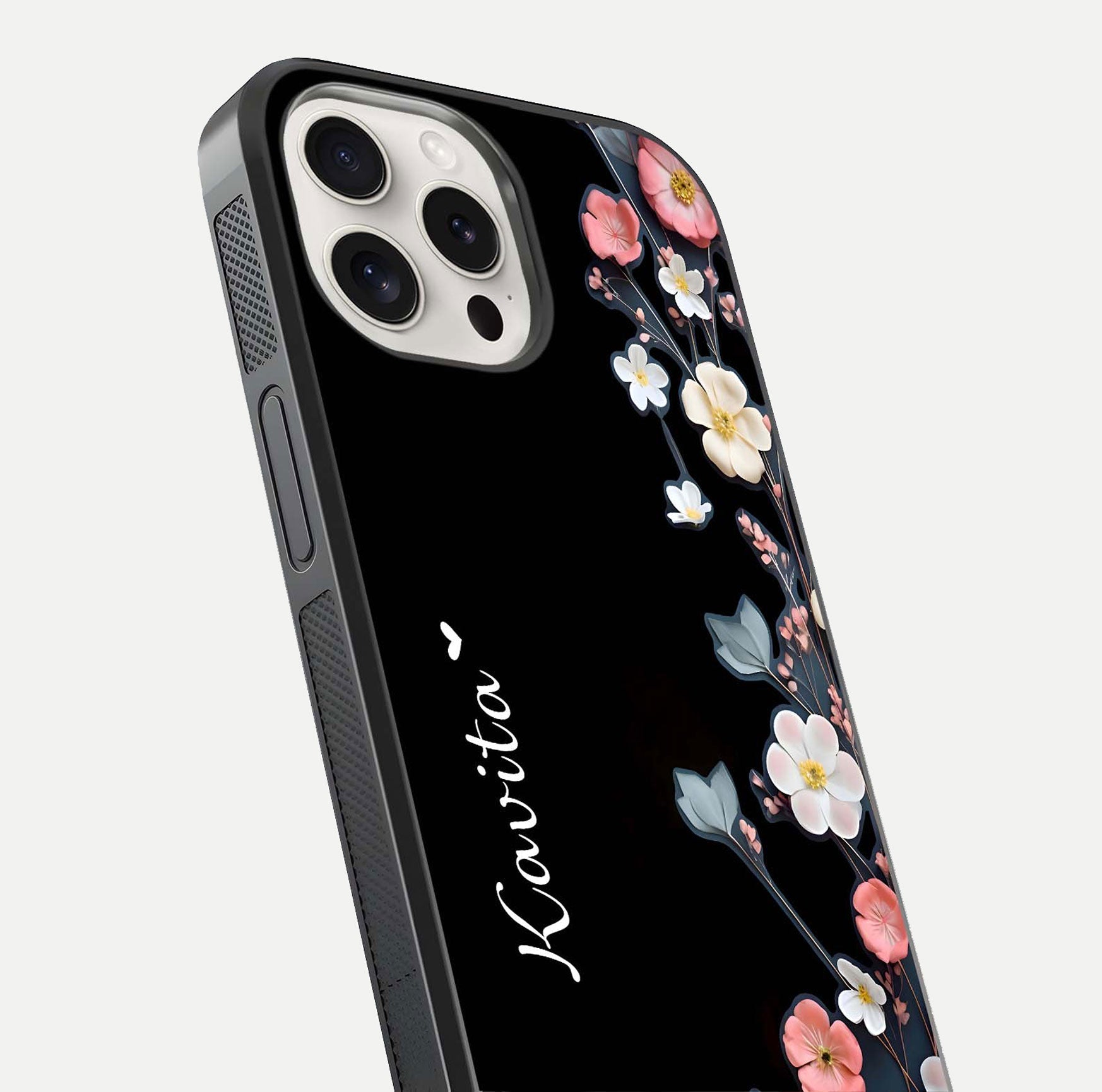 Black Elegance Floral Custom Name Glass Case for iPhone 15 Pro Max close-up shot showing rose detailing and elegant reflection